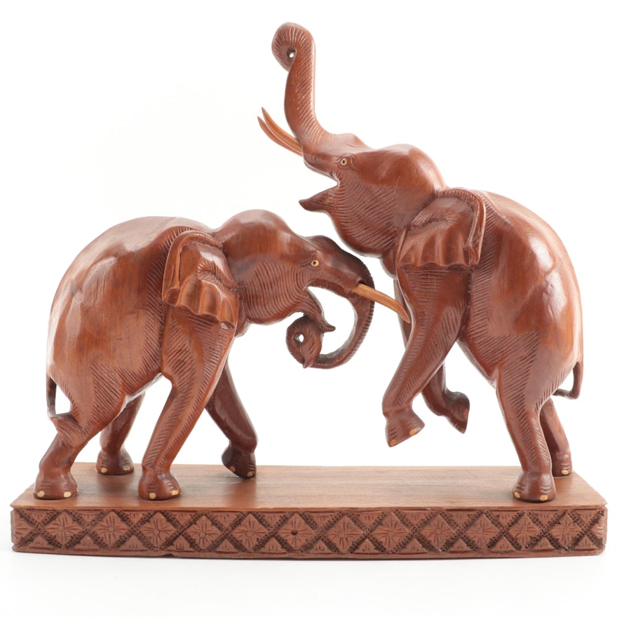 Carved Wood Pair of Asian Elephants