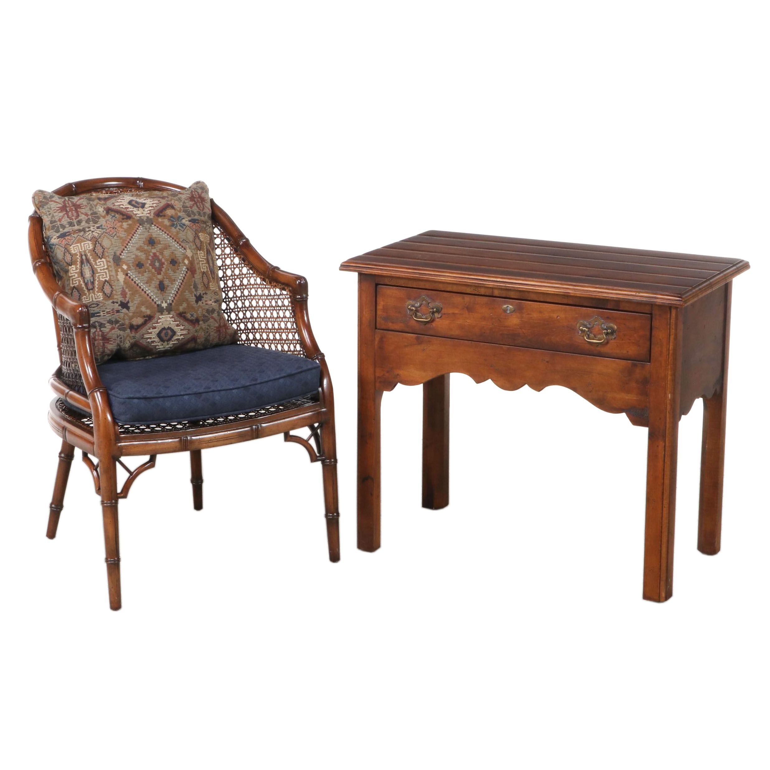 Century Colonial Style Side Table with Drawer and Caned Armchair