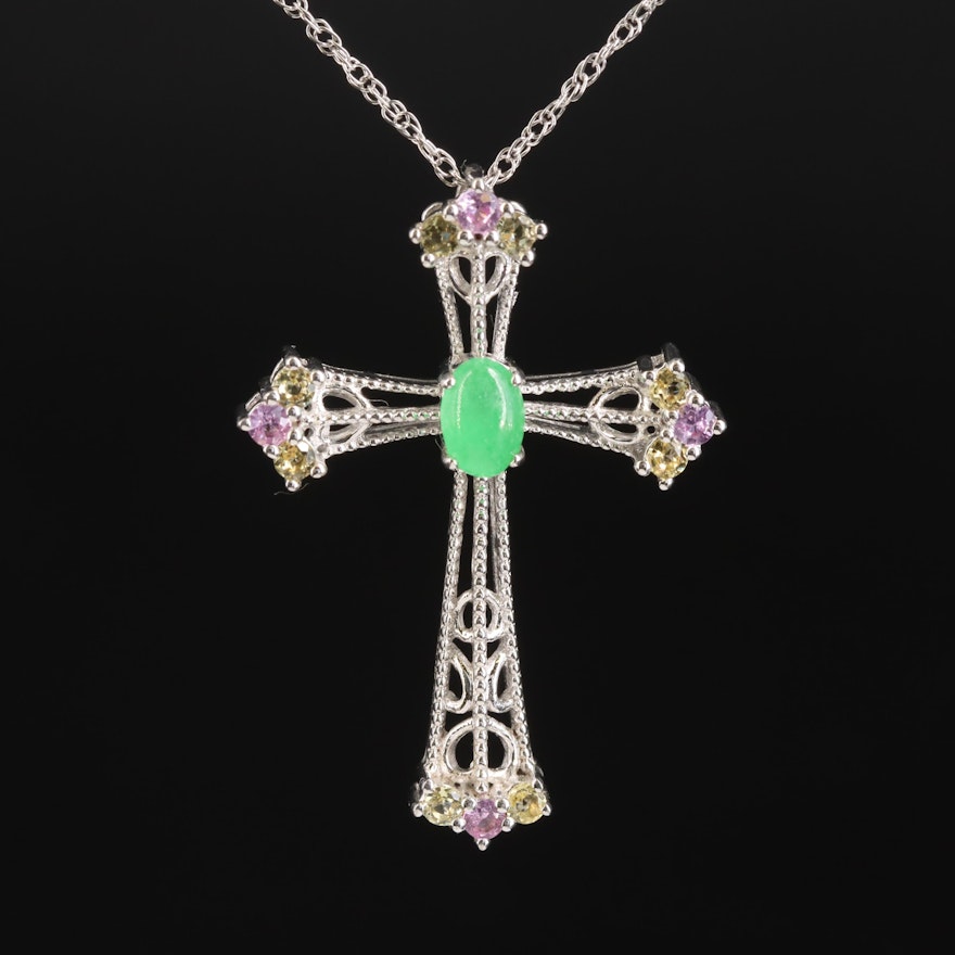 Sterling Jadeite, Labradorite and Sapphire Cross Necklace