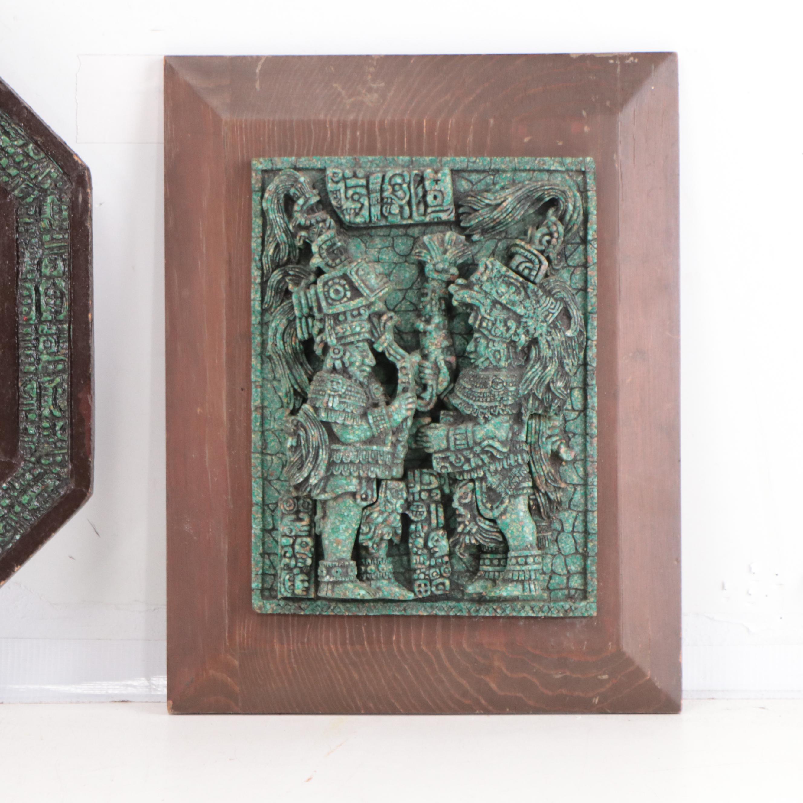 Mesoamerican Style Composite Stone Sculptural Relief Wall Hangings