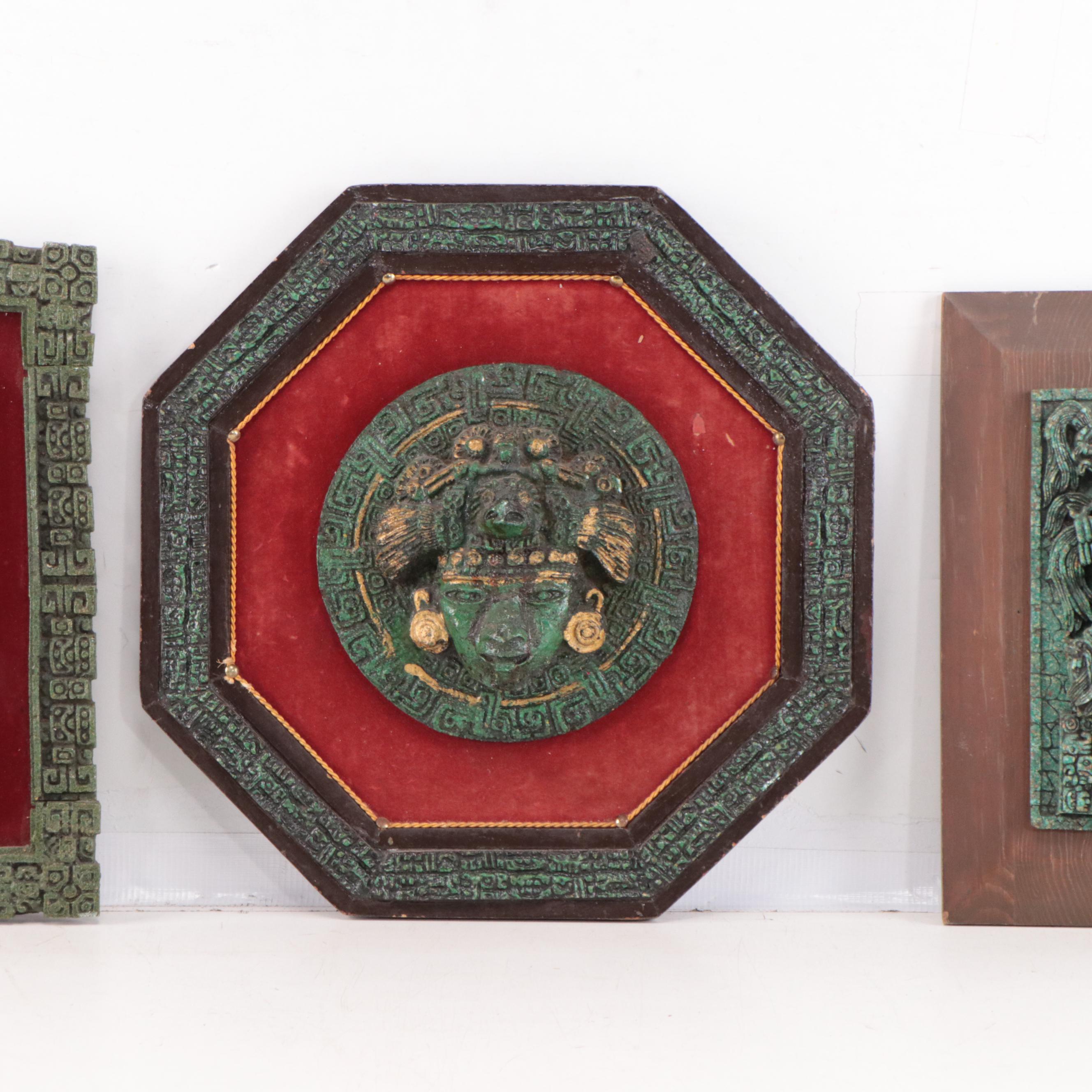 Mesoamerican Style Composite Stone Sculptural Relief Wall Hangings