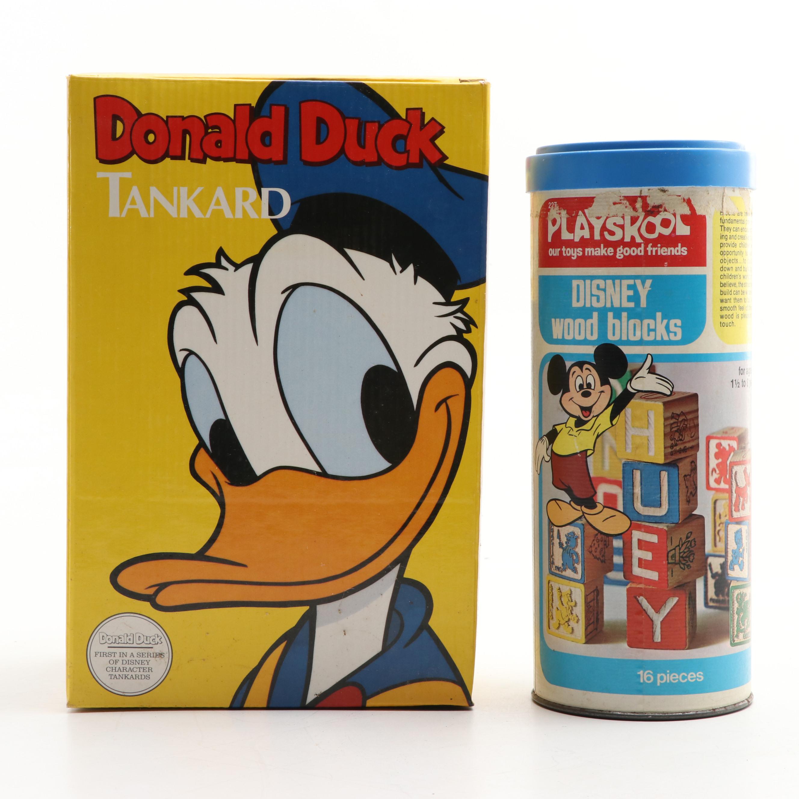 Mickey Mouse and Donald Duck Memorabilia Including Banks, Stein and Toy Blocks