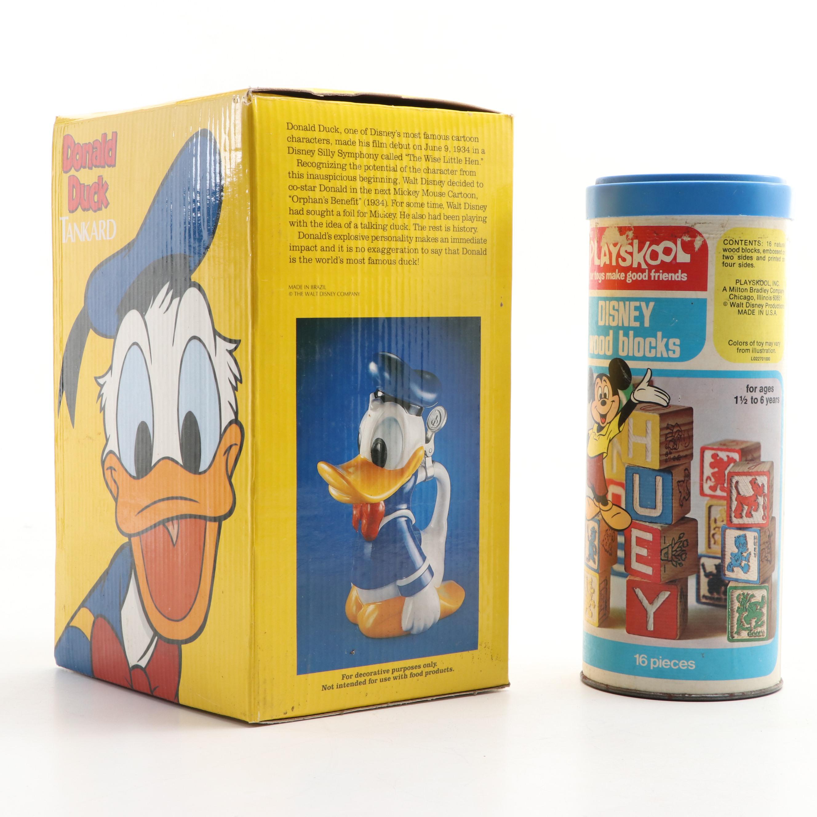 Mickey Mouse and Donald Duck Memorabilia Including Banks, Stein and Toy Blocks