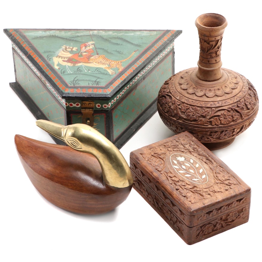 Indian Carved Wooden Vase and Box with Hand-Painted Box and Duck Figurine