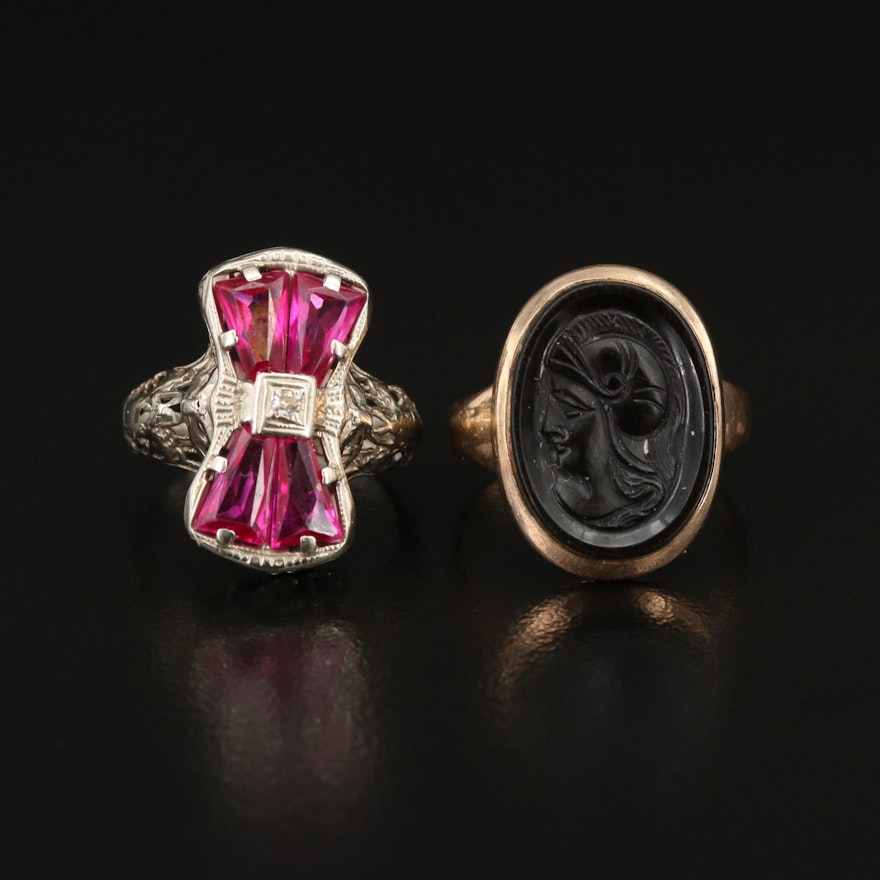 Antique 10K Black Onyx Cameo and Art Deco 14K Diamond and Ruby Rings