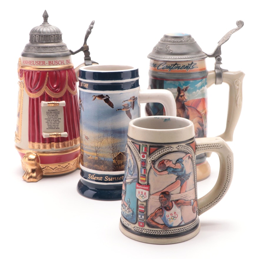 Anheuser-Busch "Martha", "Australia" and Other Pewter Lidded Ceramic Steins