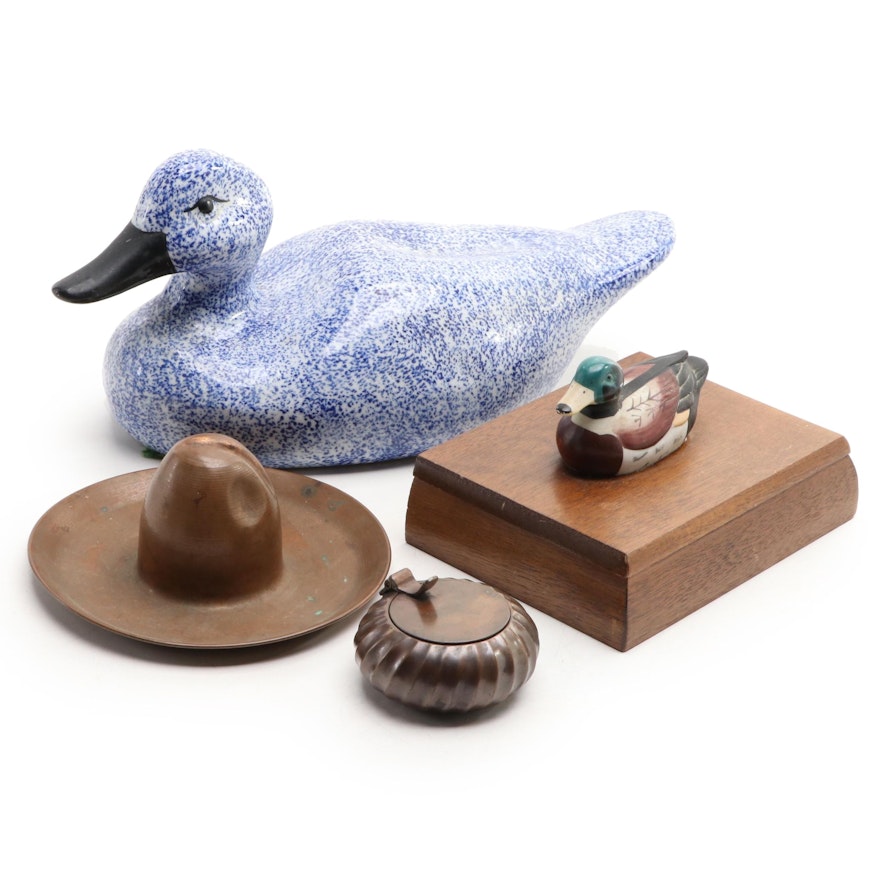 Ceramic Duck with Wooden Card Box and Metal Ash Trays, Mid to Late 20th Century