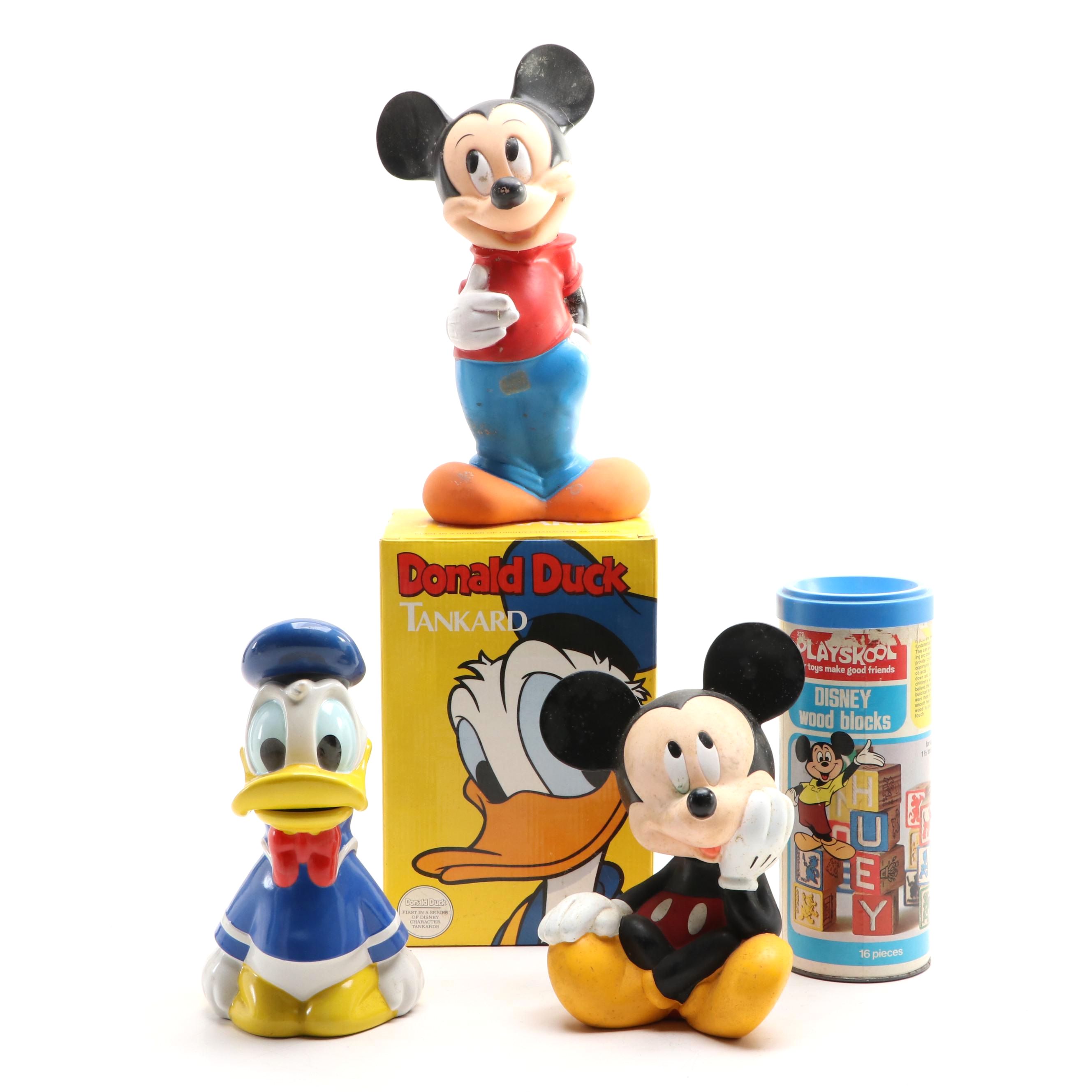 Mickey Mouse and Donald Duck Memorabilia Including Banks, Stein and Toy Blocks