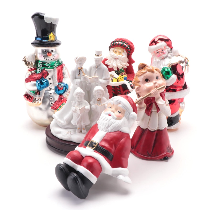 Hand-Painted Blown Glass Santa with Other Christmas Figurines and Music Boxes