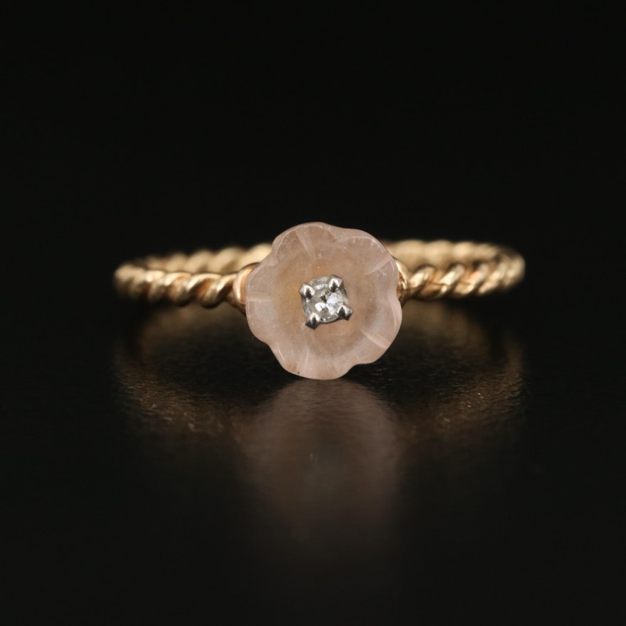 14K Diamond and Carved Rose Quartz Blossom Ring with Palladium Accents