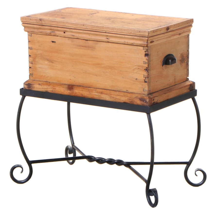 Antique Pine Chest on Wrought Iron Stand