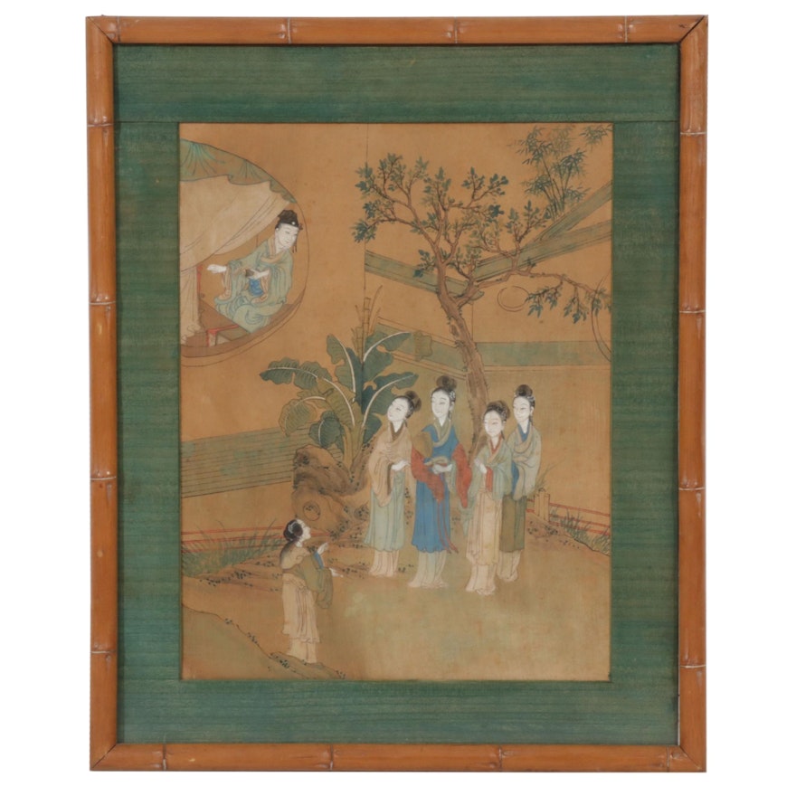 Chinese Watercolor and Gouache Painting of Women in Courtyard