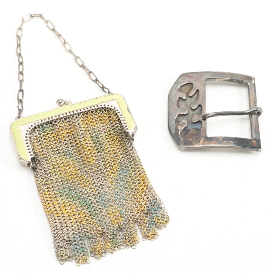 Painted Metal Mesh Frame Bag and Metal Belt Buckle