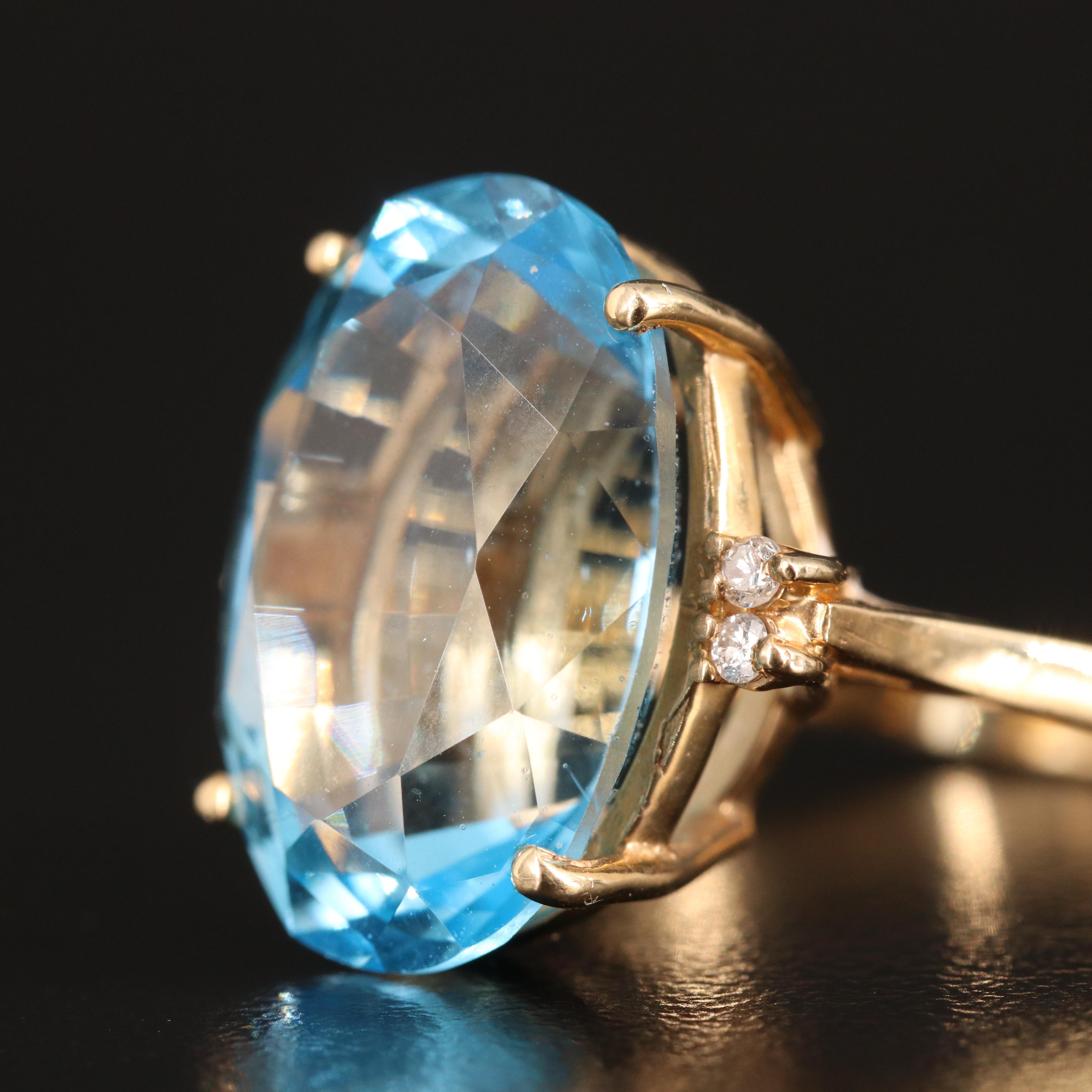 14K 16.51 CT Swiss Blue Topaz Statement Ring with Diamond Accents