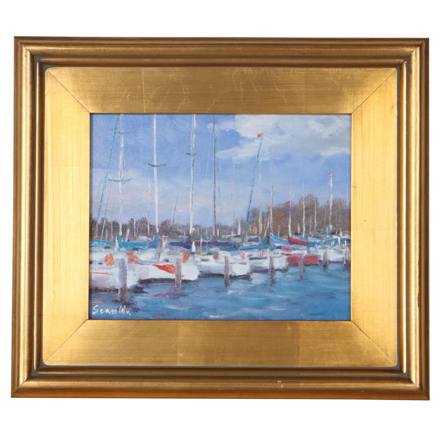 Sean Wu Oil Painting of Sailboats in Marina, 21st Century