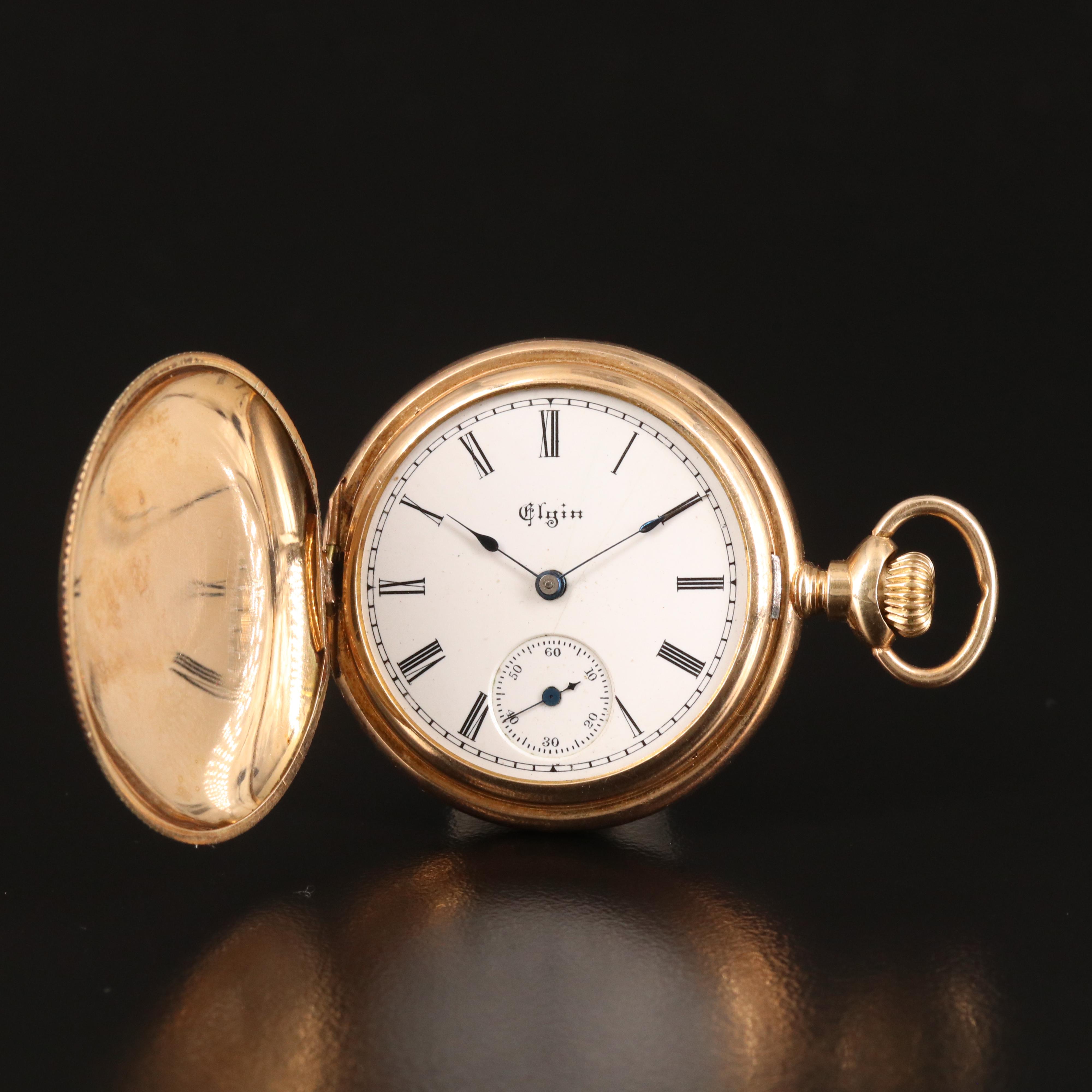 14K 1890 Elgin Sidewind Diamond Pocket Watch with Rose and Green Gold Accents