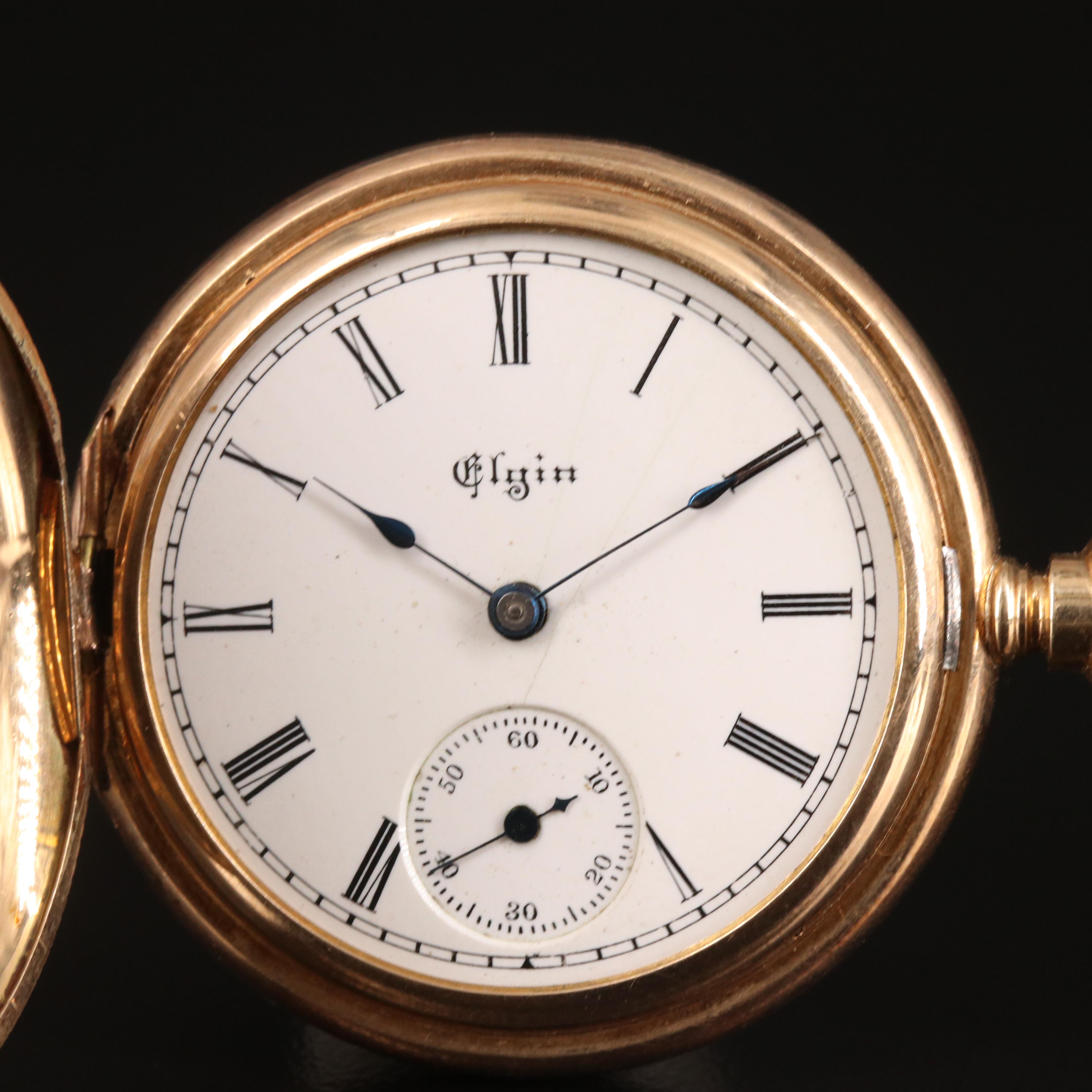 14K 1890 Elgin Sidewind Diamond Pocket Watch with Rose and Green Gold Accents