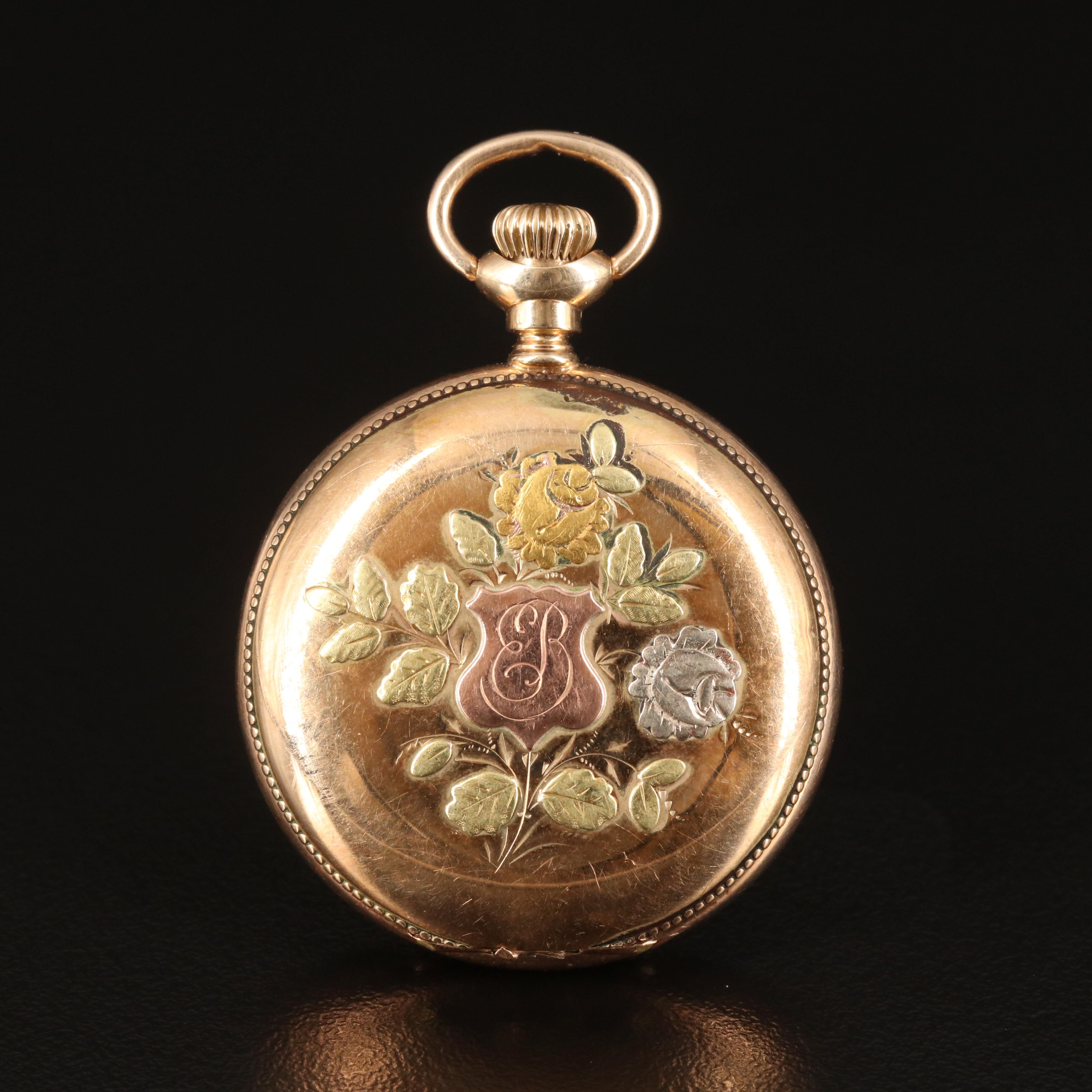 14K 1890 Elgin Sidewind Diamond Pocket Watch with Rose and Green Gold Accents