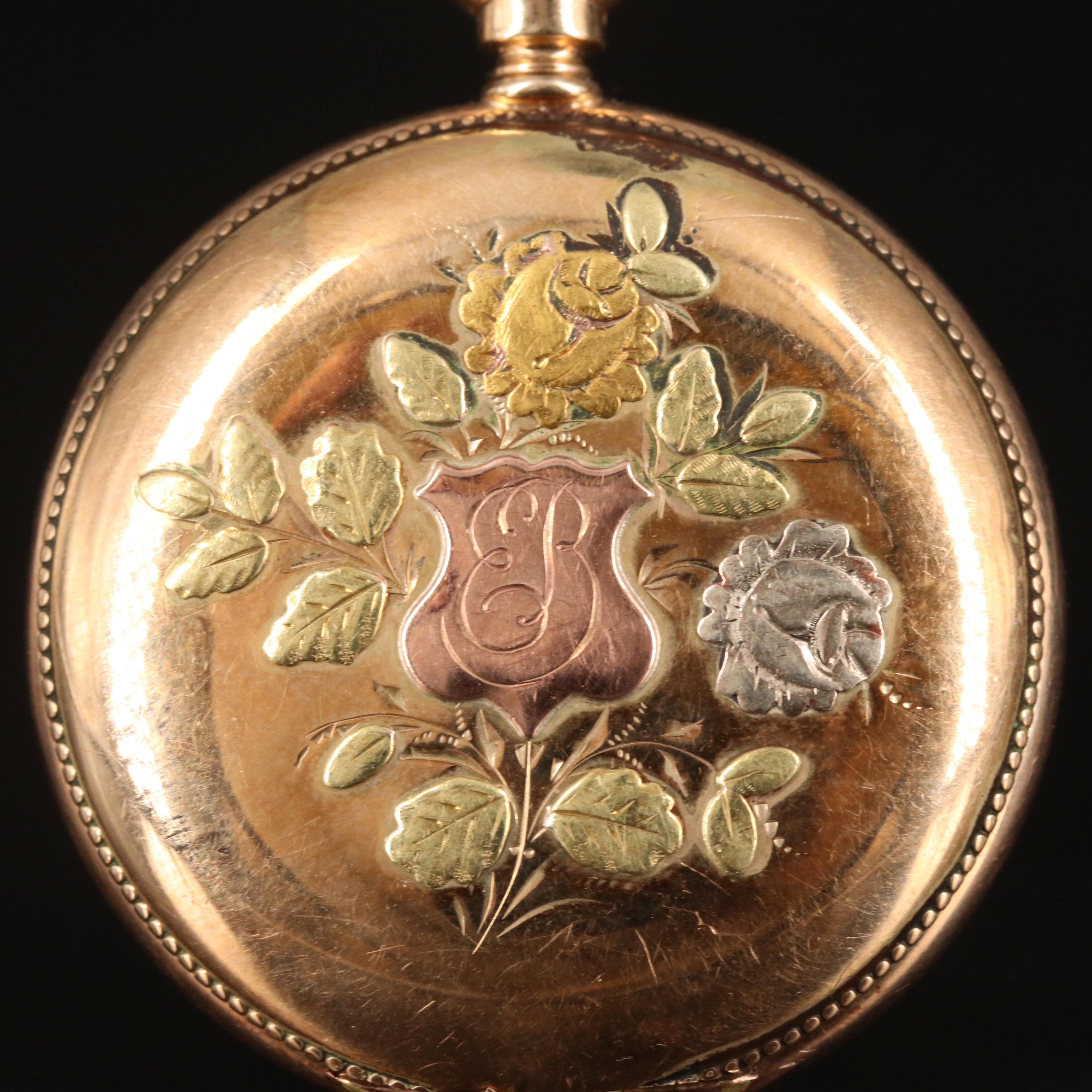 14K 1890 Elgin Sidewind Diamond Pocket Watch with Rose and Green Gold Accents