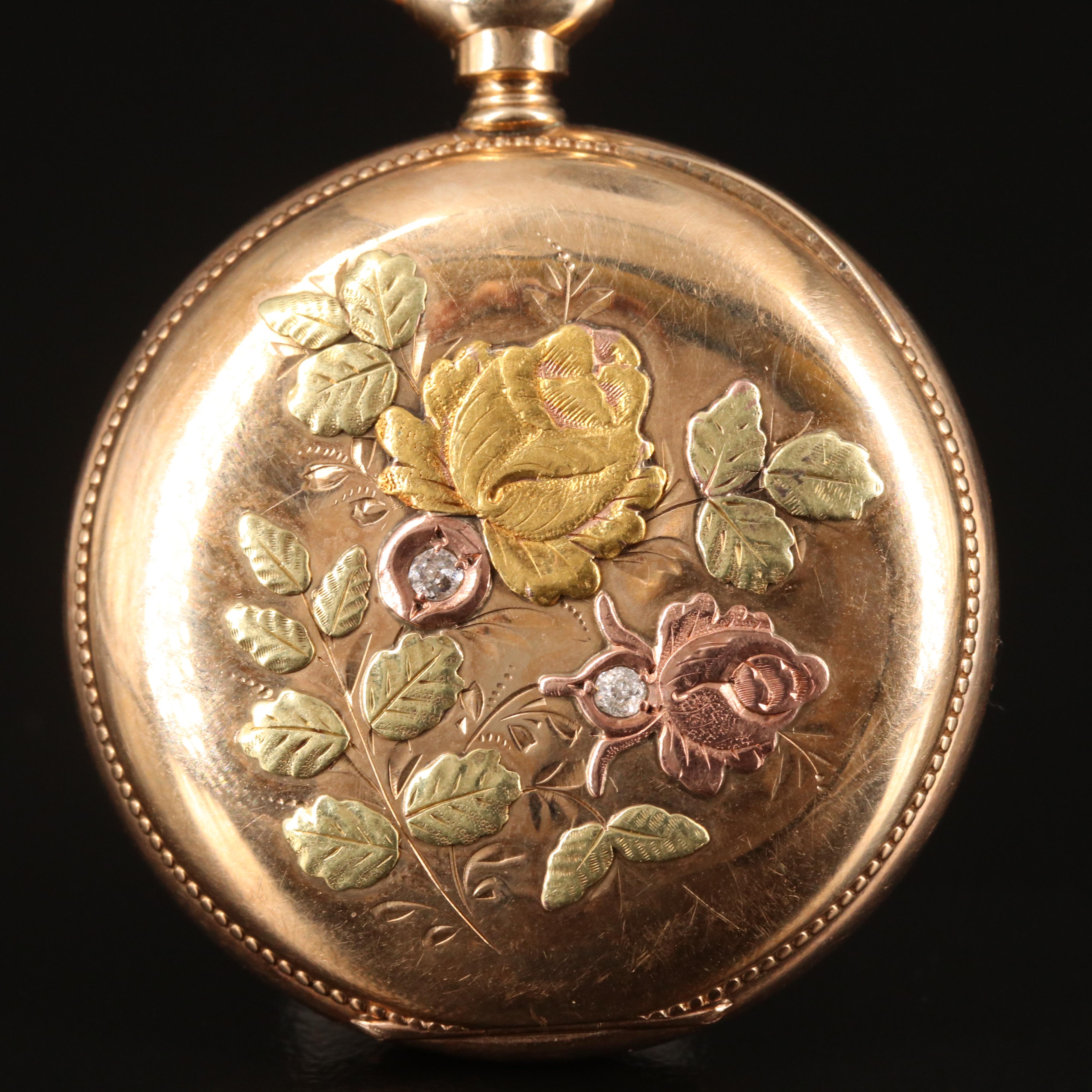 14K 1890 Elgin Sidewind Diamond Pocket Watch with Rose and Green Gold Accents