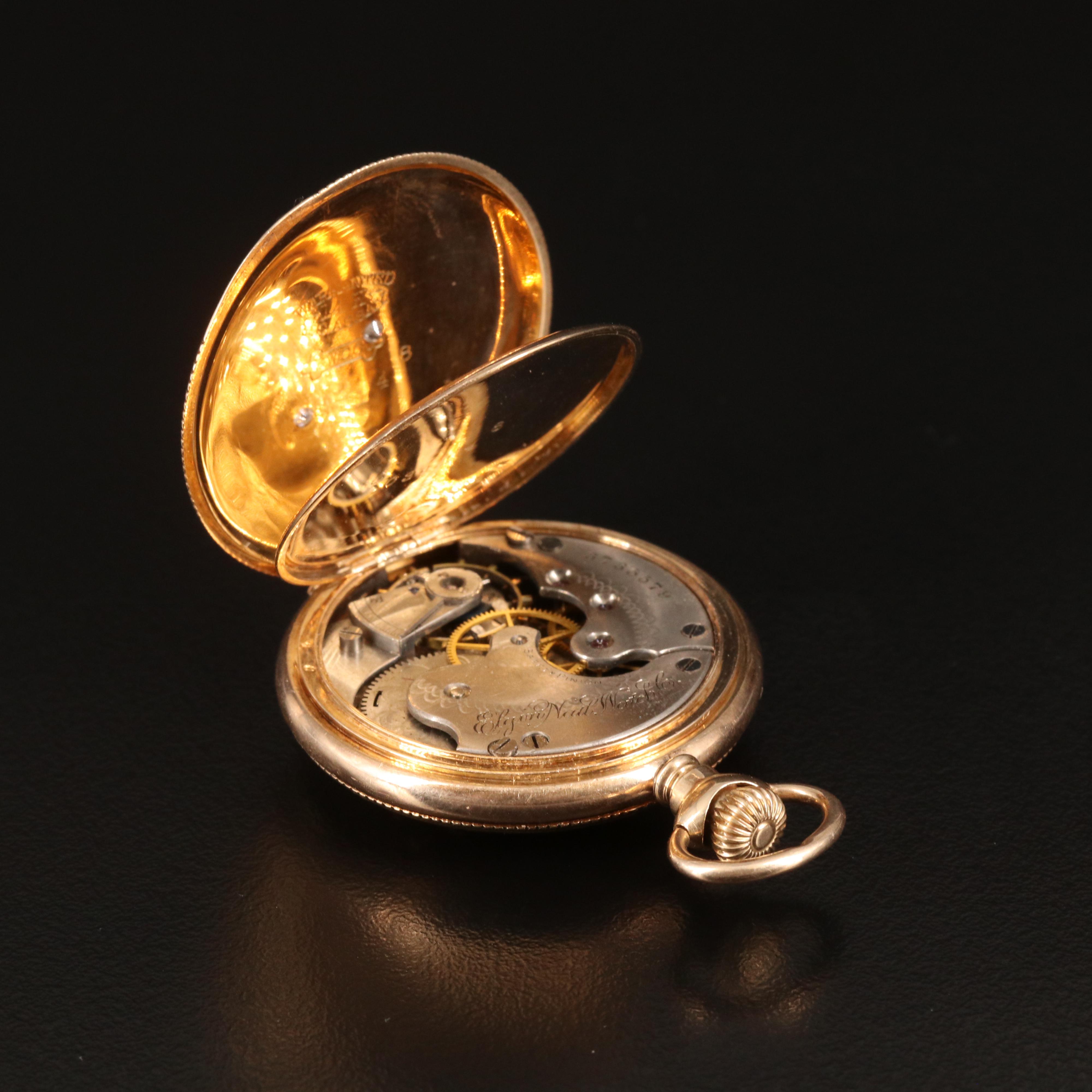 14K 1890 Elgin Sidewind Diamond Pocket Watch with Rose and Green Gold Accents