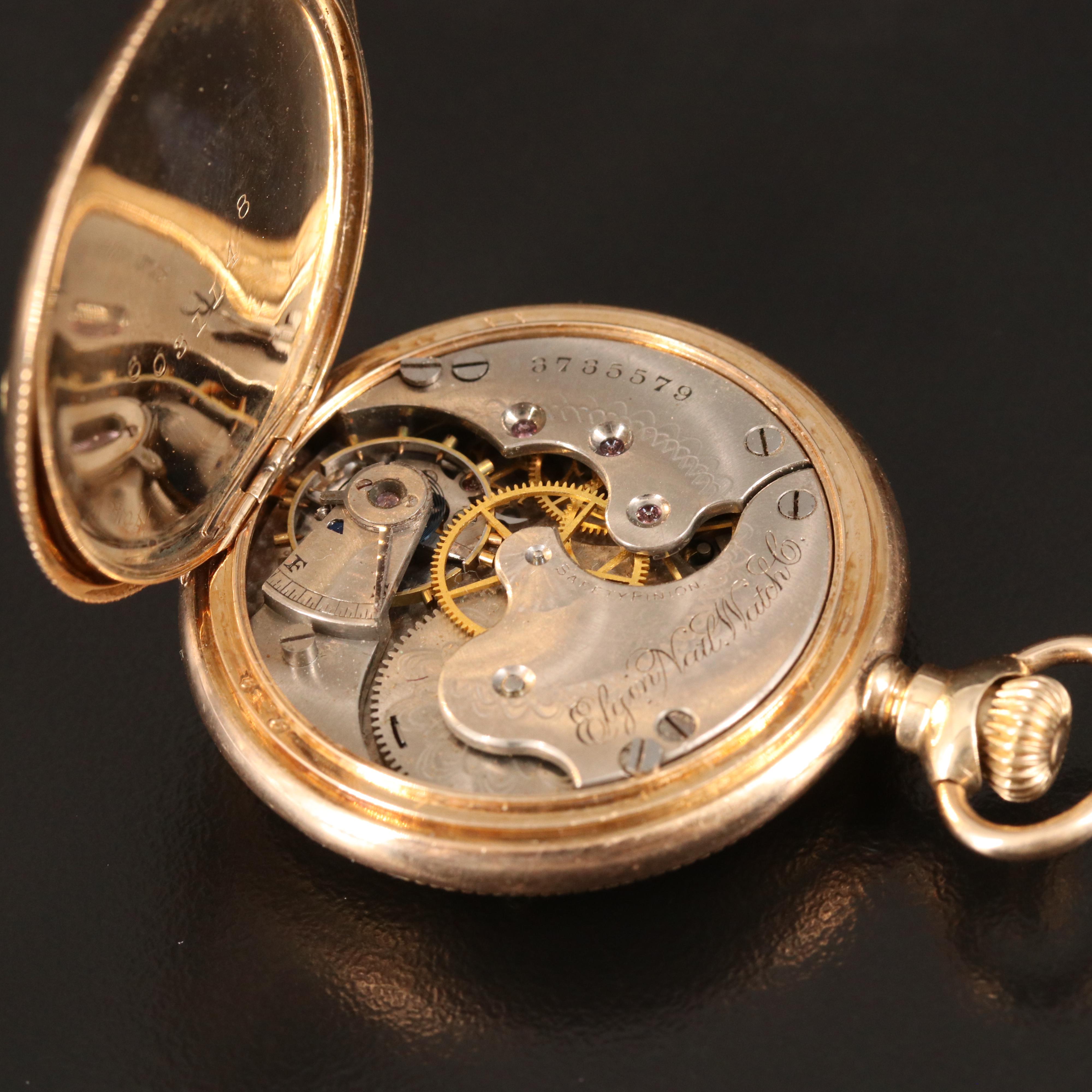 14K 1890 Elgin Sidewind Diamond Pocket Watch with Rose and Green Gold Accents