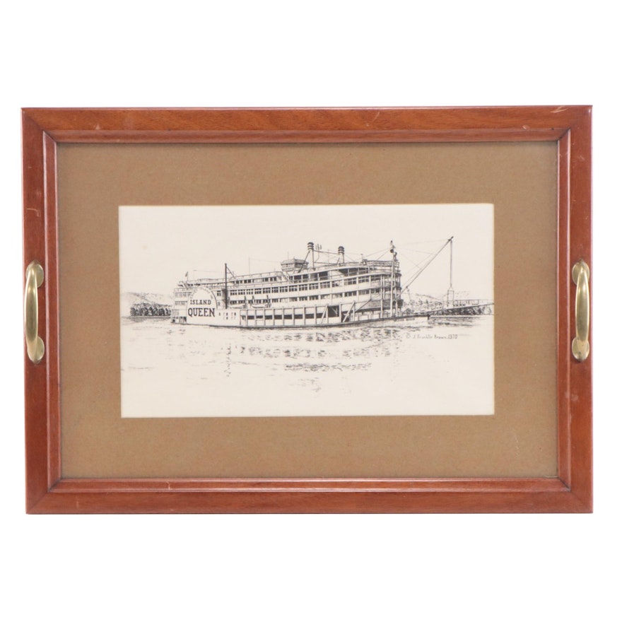 Wooden and Glass Tray Featuring Cincinnati Island Queen Riverboat
