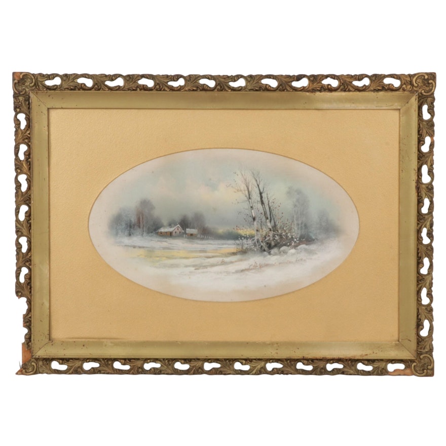 Landscape Pastel Drawing of Snow-Covered Countryside, Circa 1900