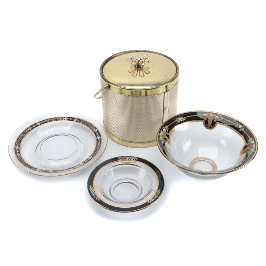 Art Deco Style Painted Rim Bowls and Hollywood Regency Style Ice Bucket