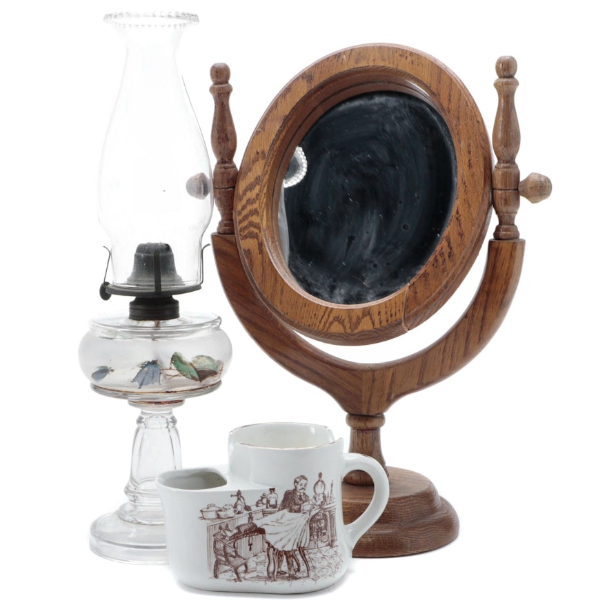 Burleigh English Ironstone Shaving Mug with Oak Vanity Mirror and Oil Lamp