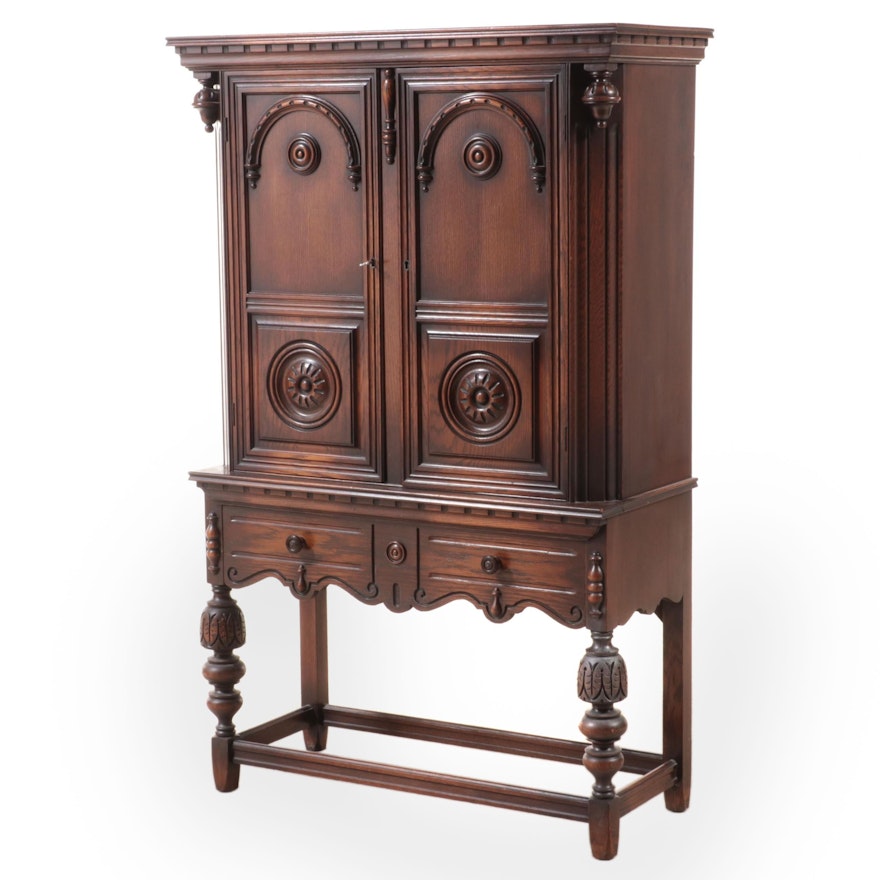 Jacobean Revival Oak China Cabinet, Early to Mid 20th Century