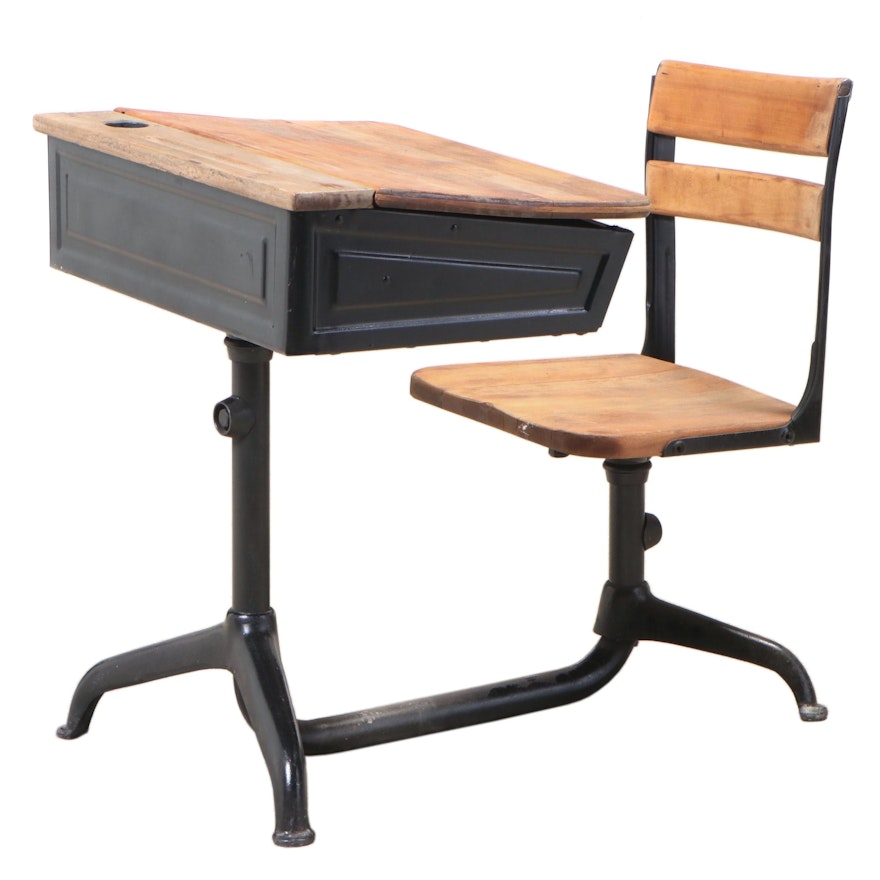 Vintage Birch and Steel School Desk with Swivel Chair