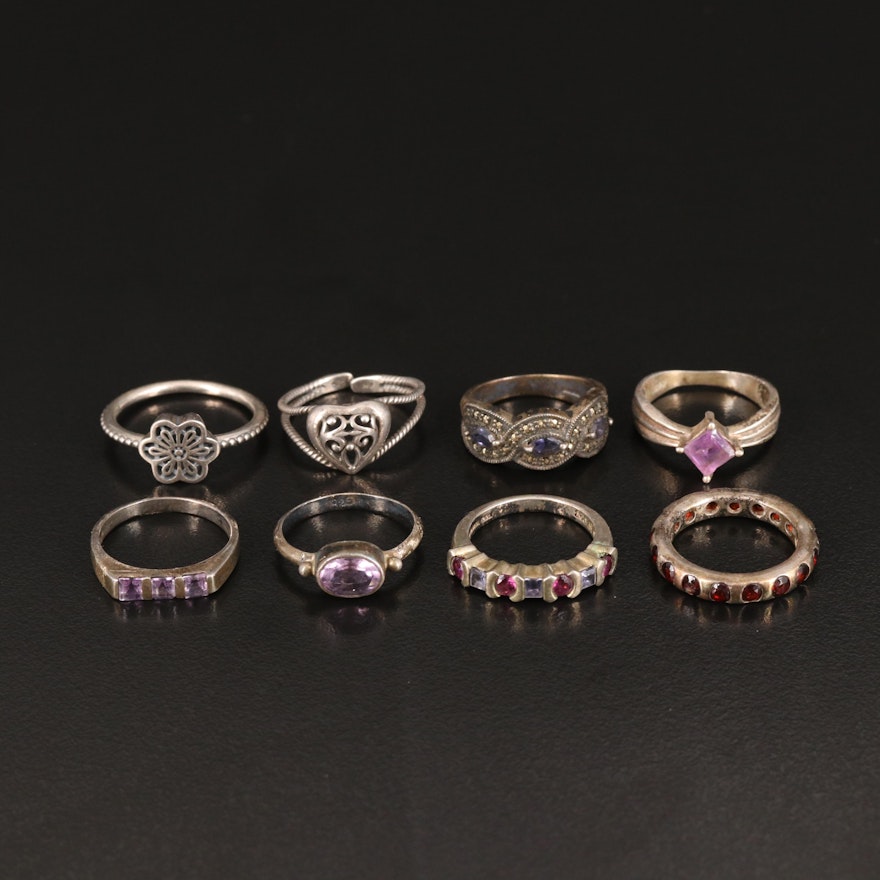 Sterling Ring Assortment Including Glass, Marcasite and Amethyst