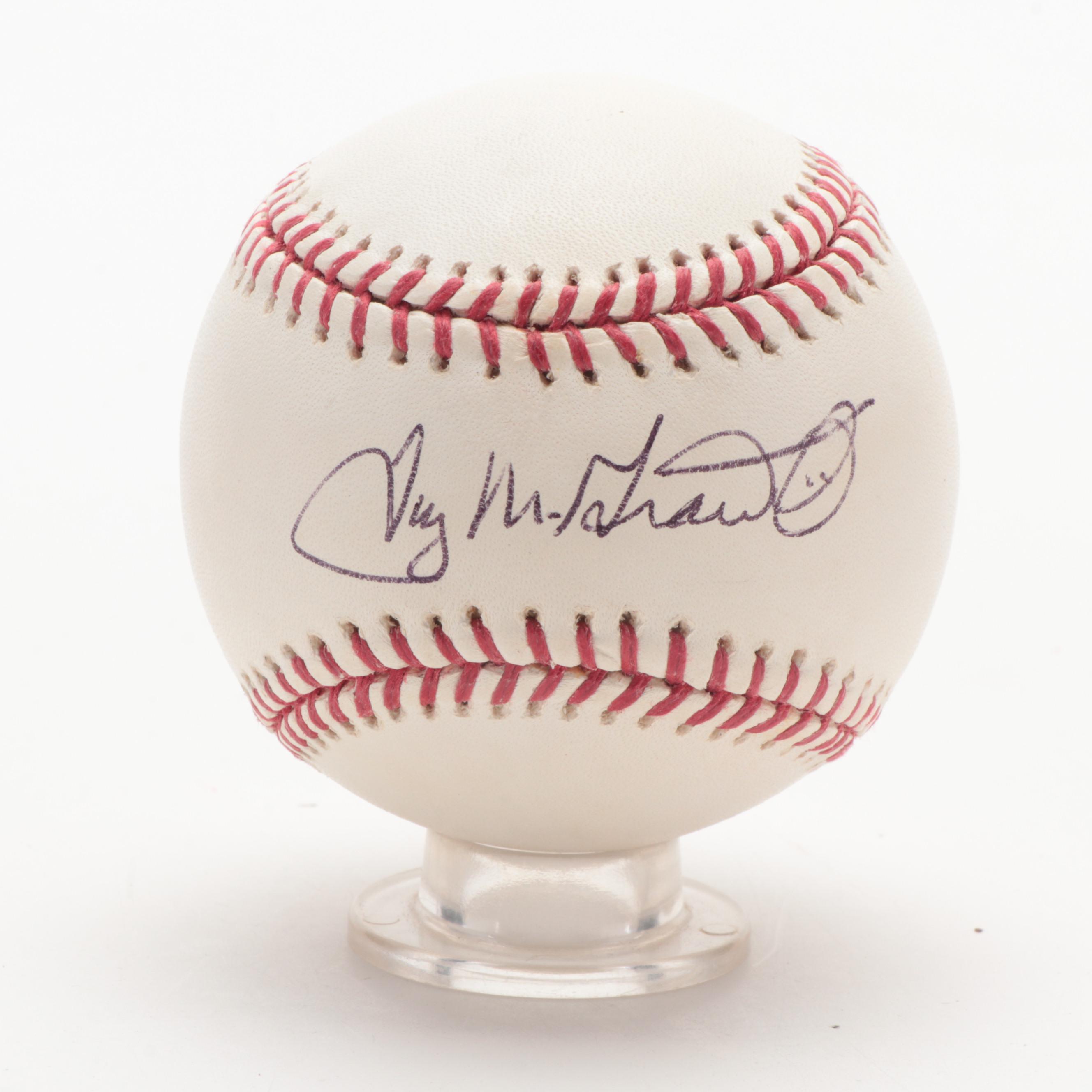 Tug McGraw Signed Rawlings Baseball with 1988 Topps Baseball Cards