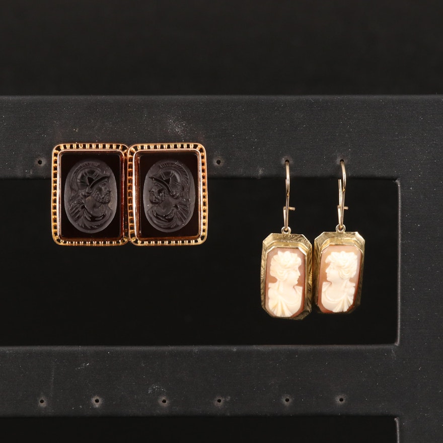 14K Sard Intaglio Earrings with 10K Shell Cameo Earrings