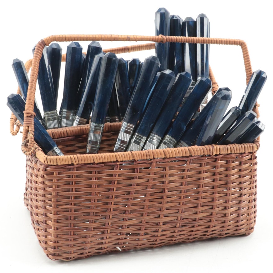 Blue Handled Flatware Set with Cutlery Basket
