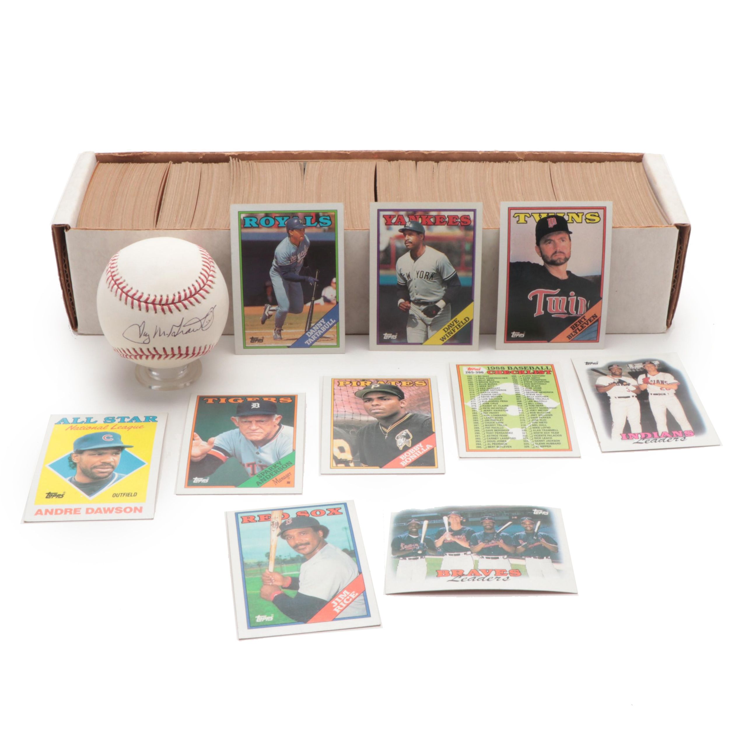 Tug McGraw Signed Rawlings Baseball with 1988 Topps Baseball Cards