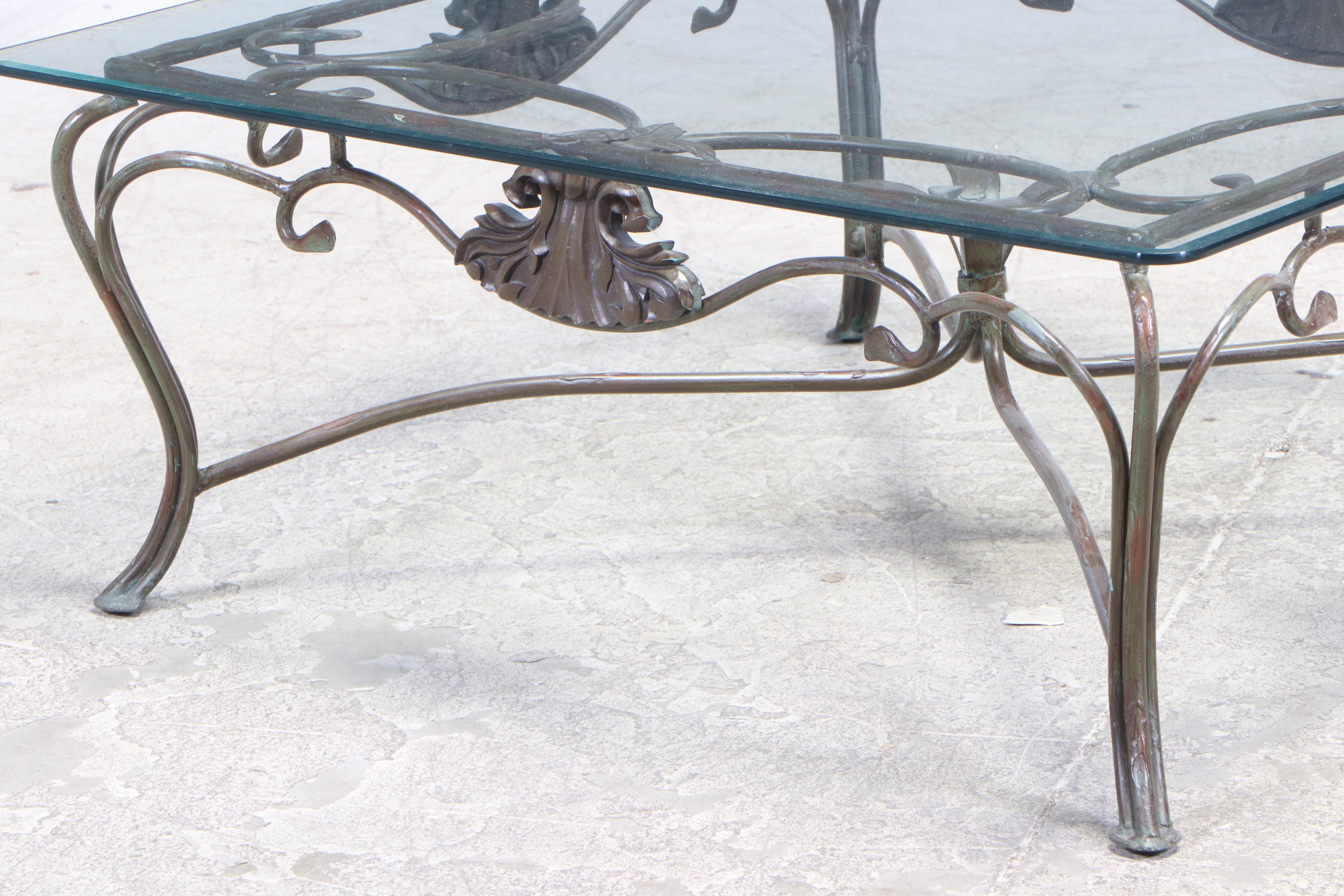 Verdigris-Patinated Iron and Glass Top Coffee Table