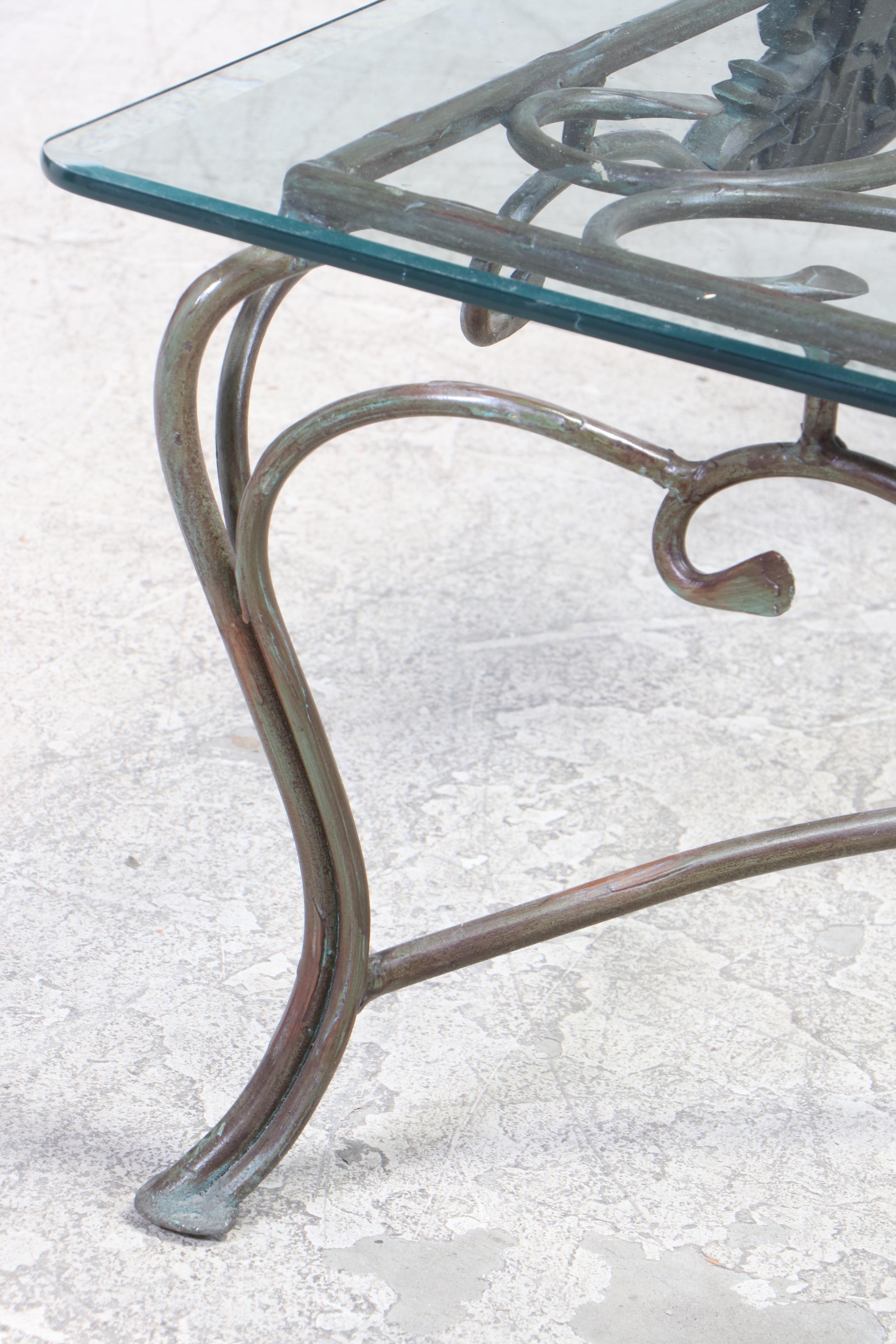 Verdigris-Patinated Iron and Glass Top Coffee Table