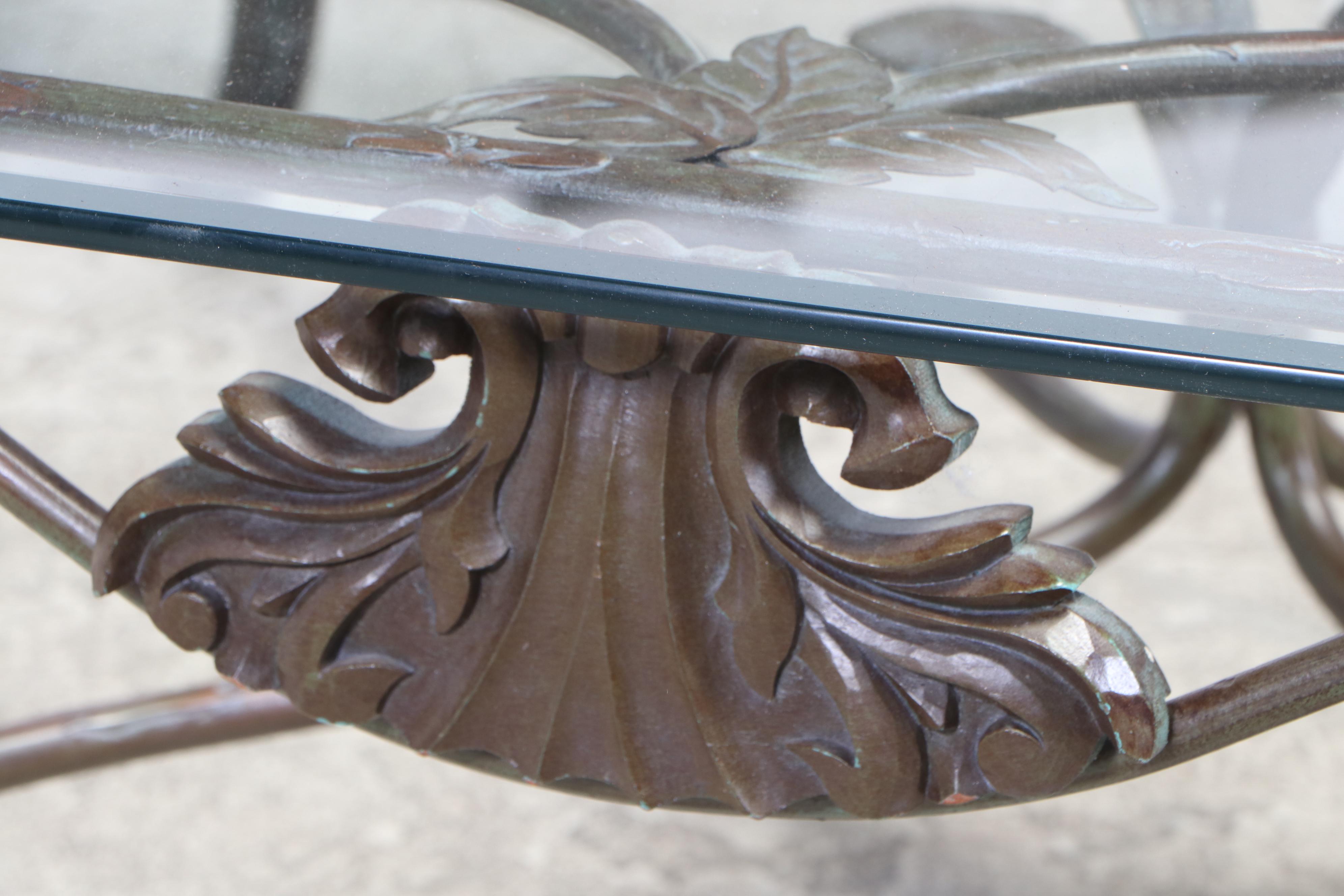 Verdigris-Patinated Iron and Glass Top Coffee Table