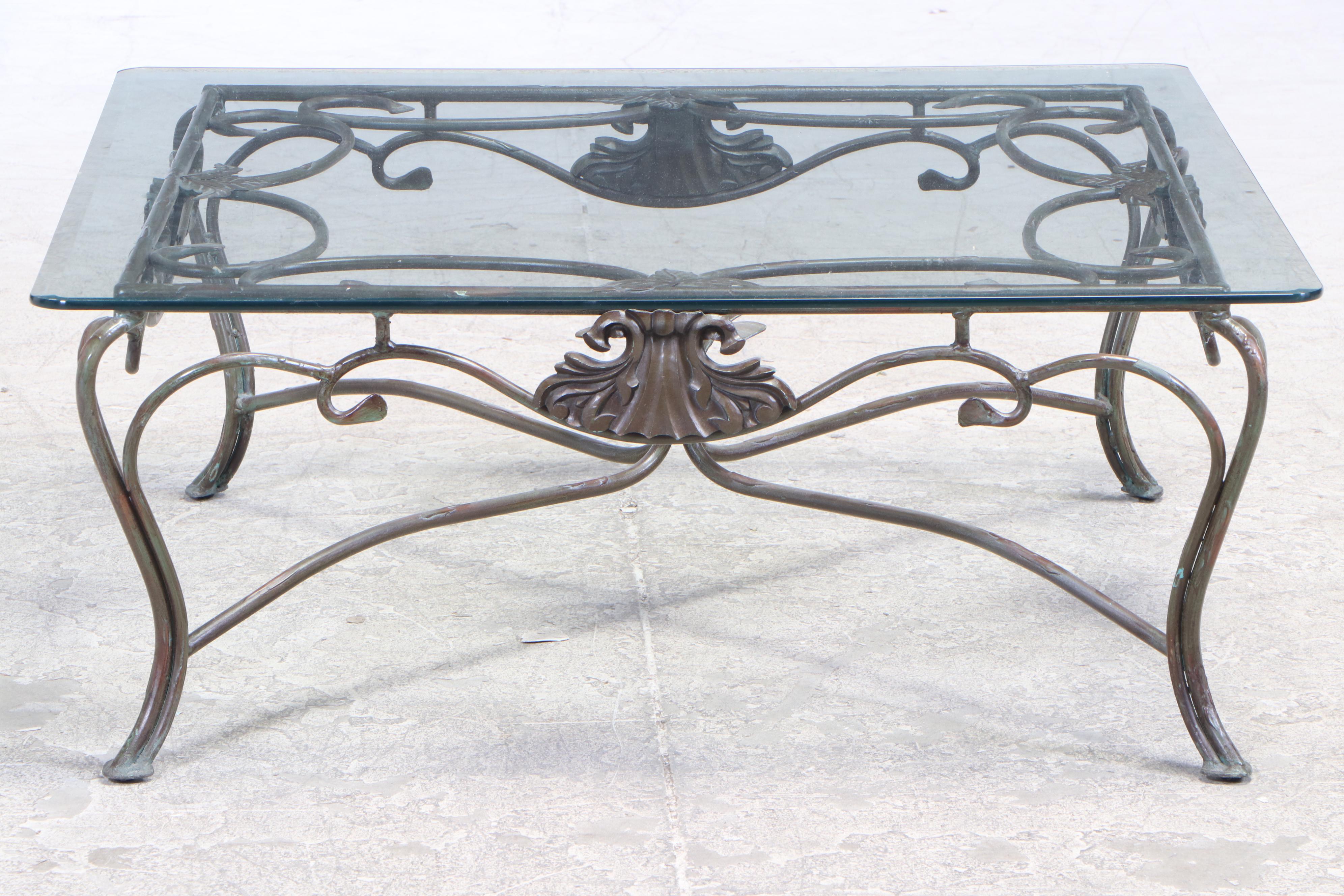 Verdigris-Patinated Iron and Glass Top Coffee Table