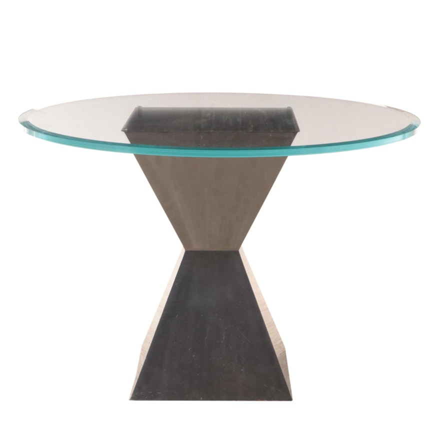 Modernist Style Brushed Steel Finished Hourglass Pedestal Table with Glass Top