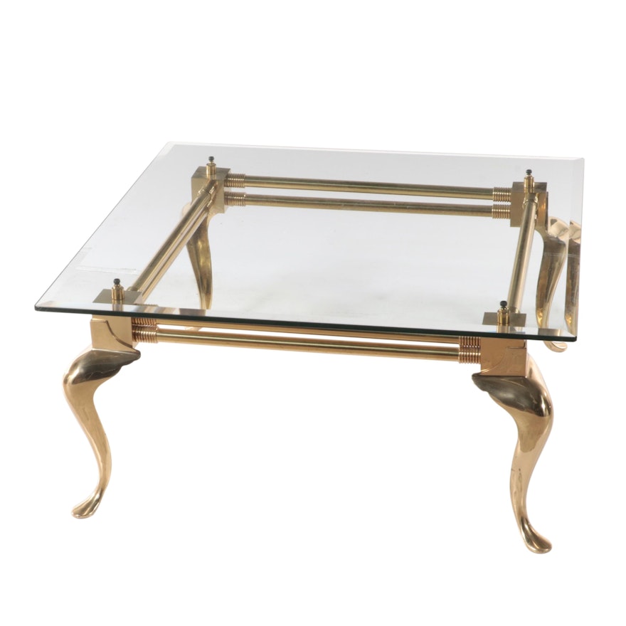 LaBarge Style Brass Cabriole Leg and Glass Top Coffee Table