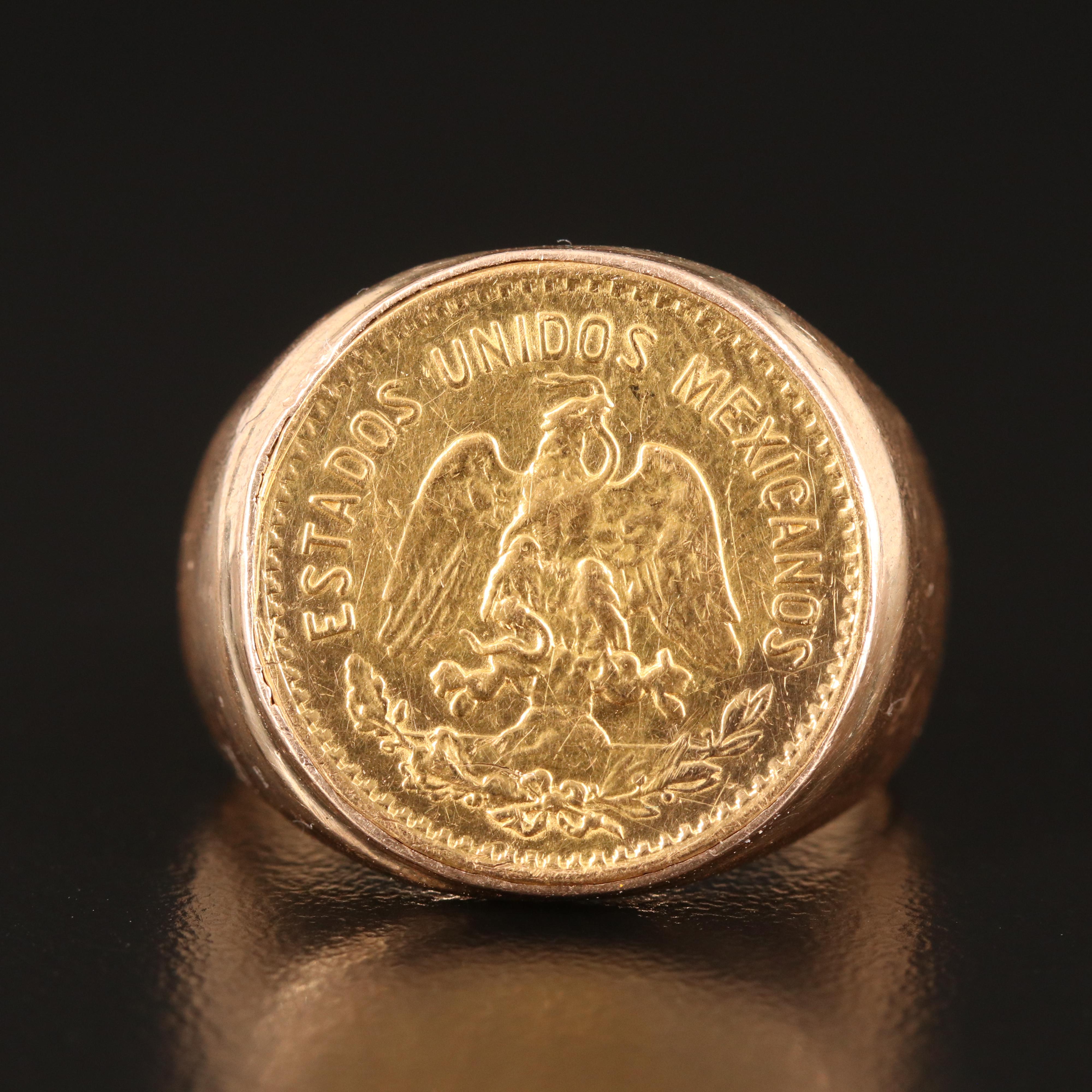 14K Ring with 1955 Mexican Cinco Pesos Gold Coin