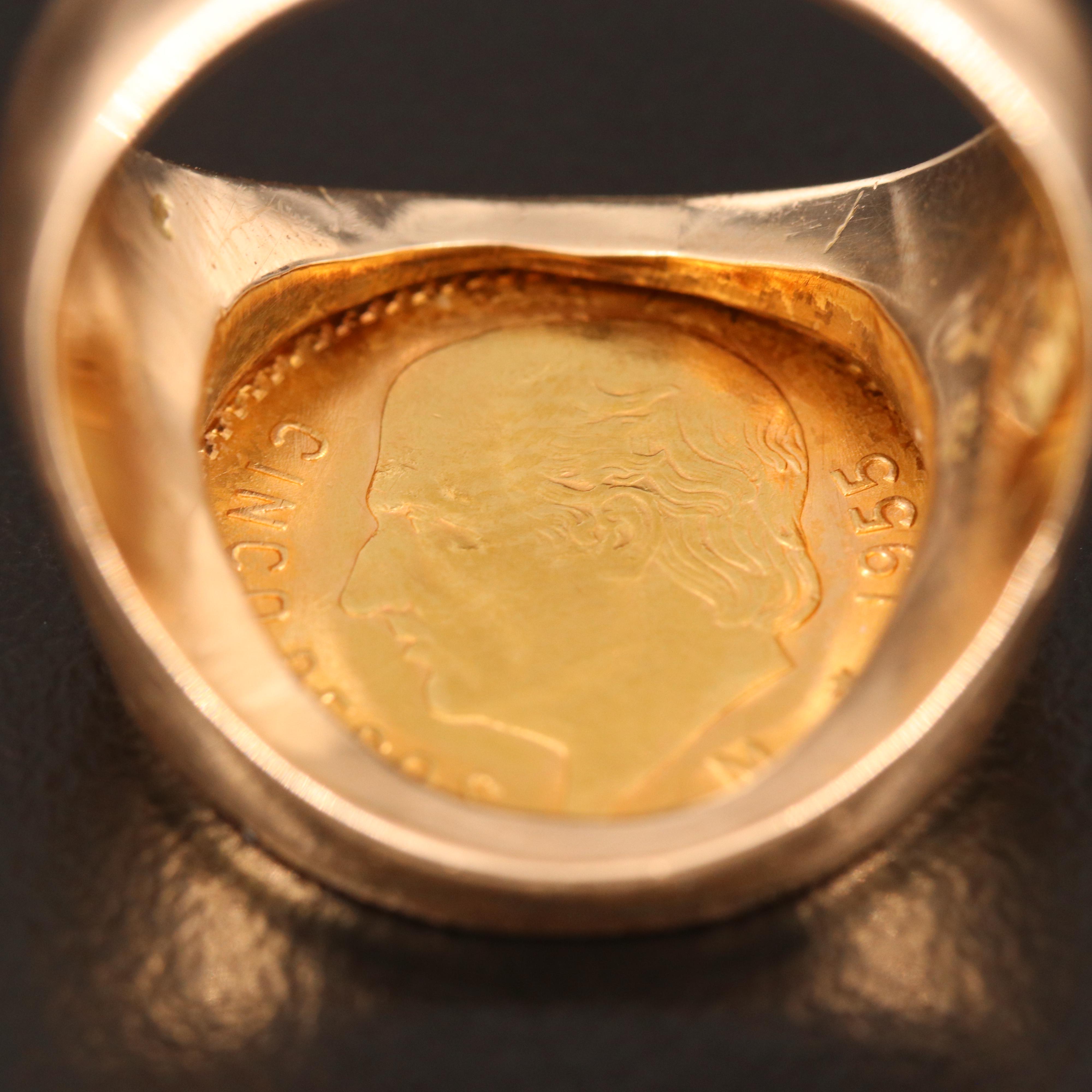 14K Ring with 1955 Mexican Cinco Pesos Gold Coin