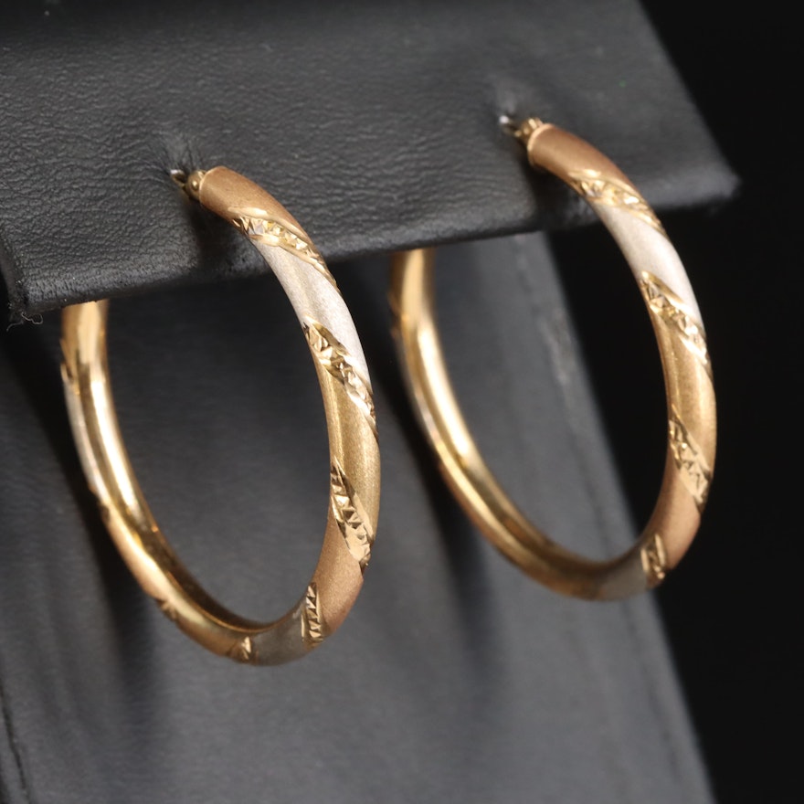 14K Tri Color Diamond Cut Hoops