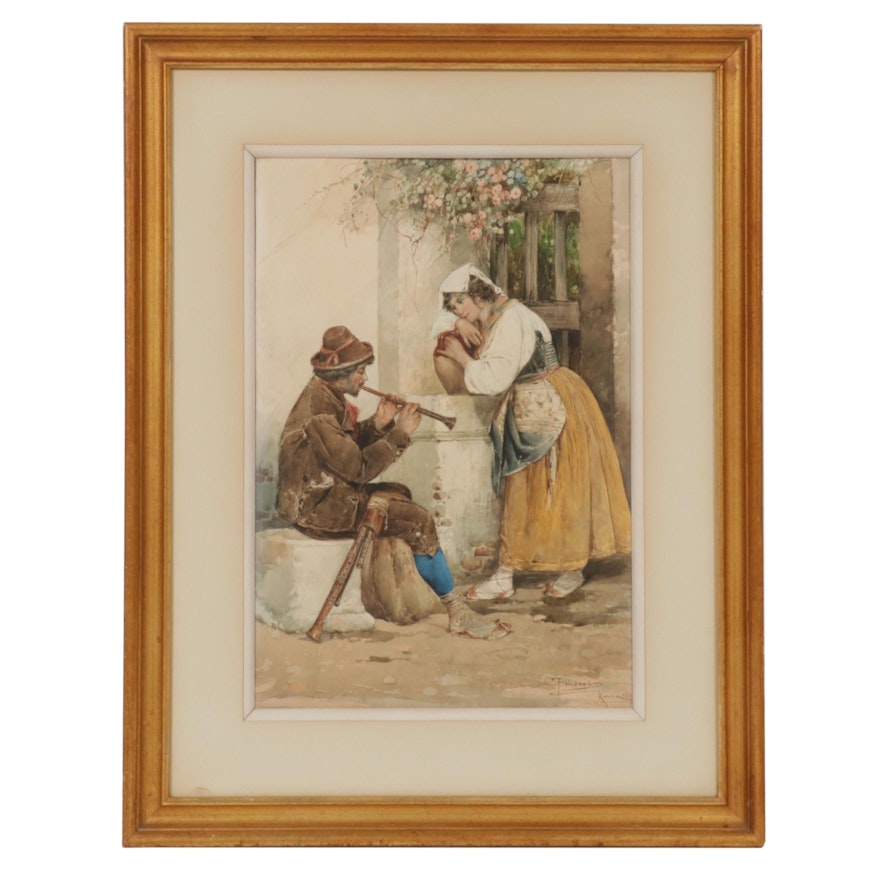 C. Polidori Italian Leisure Scene Watercolor Painting