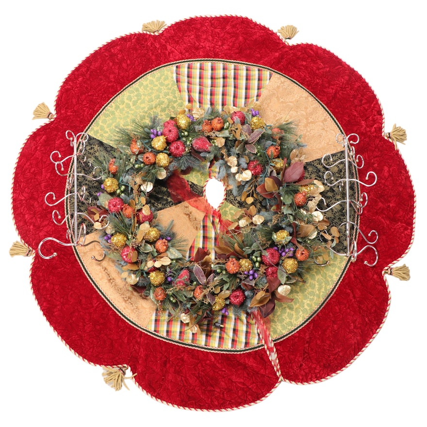 Illuminated Glittered Fruit Wreath, Tasseled Tree Skirt and Metal Ornament Trees