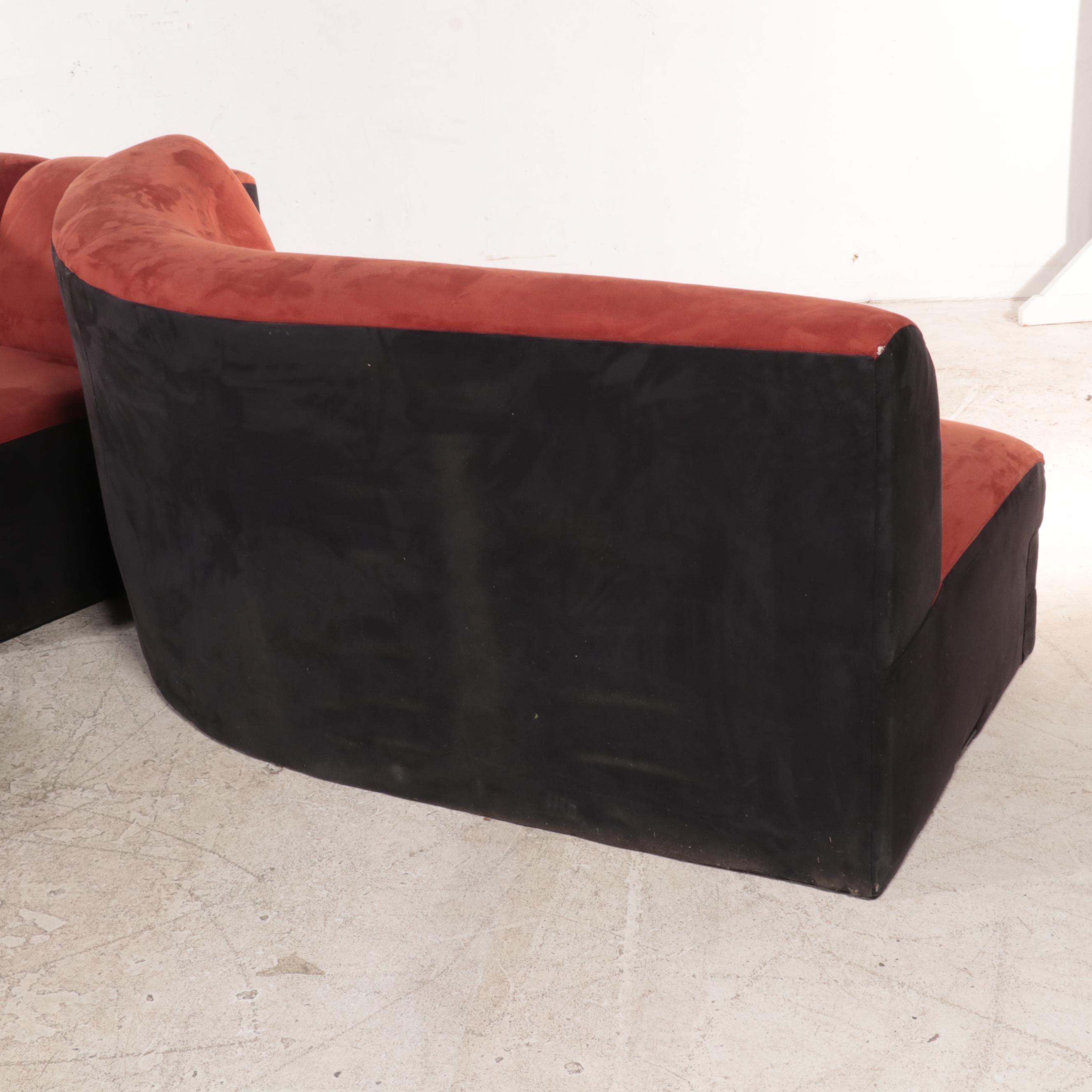 Suede Leather Five-Piece Sectional Sofa in Rust and Black