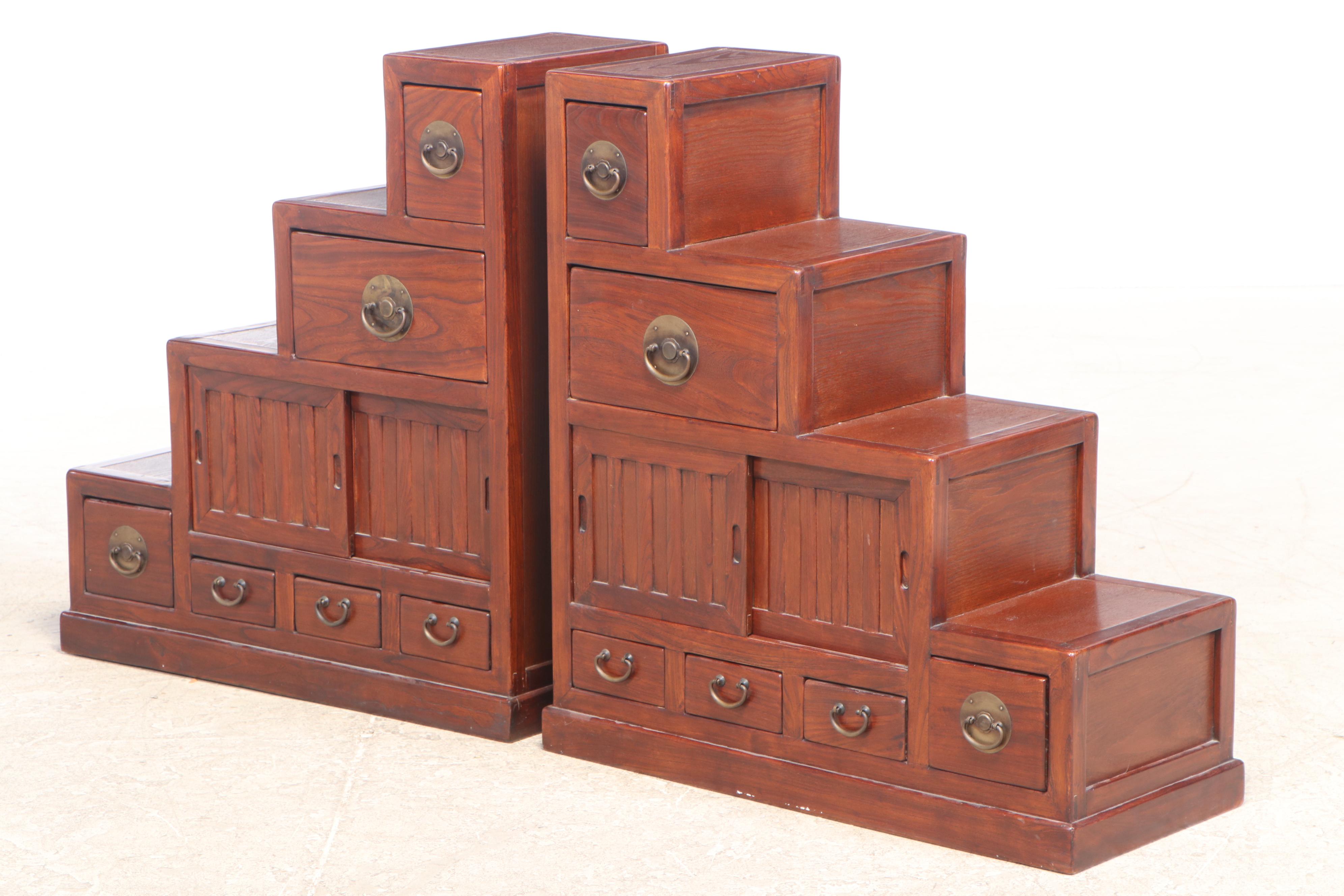 Two Japanese Elm Four-Step Tansu Chests